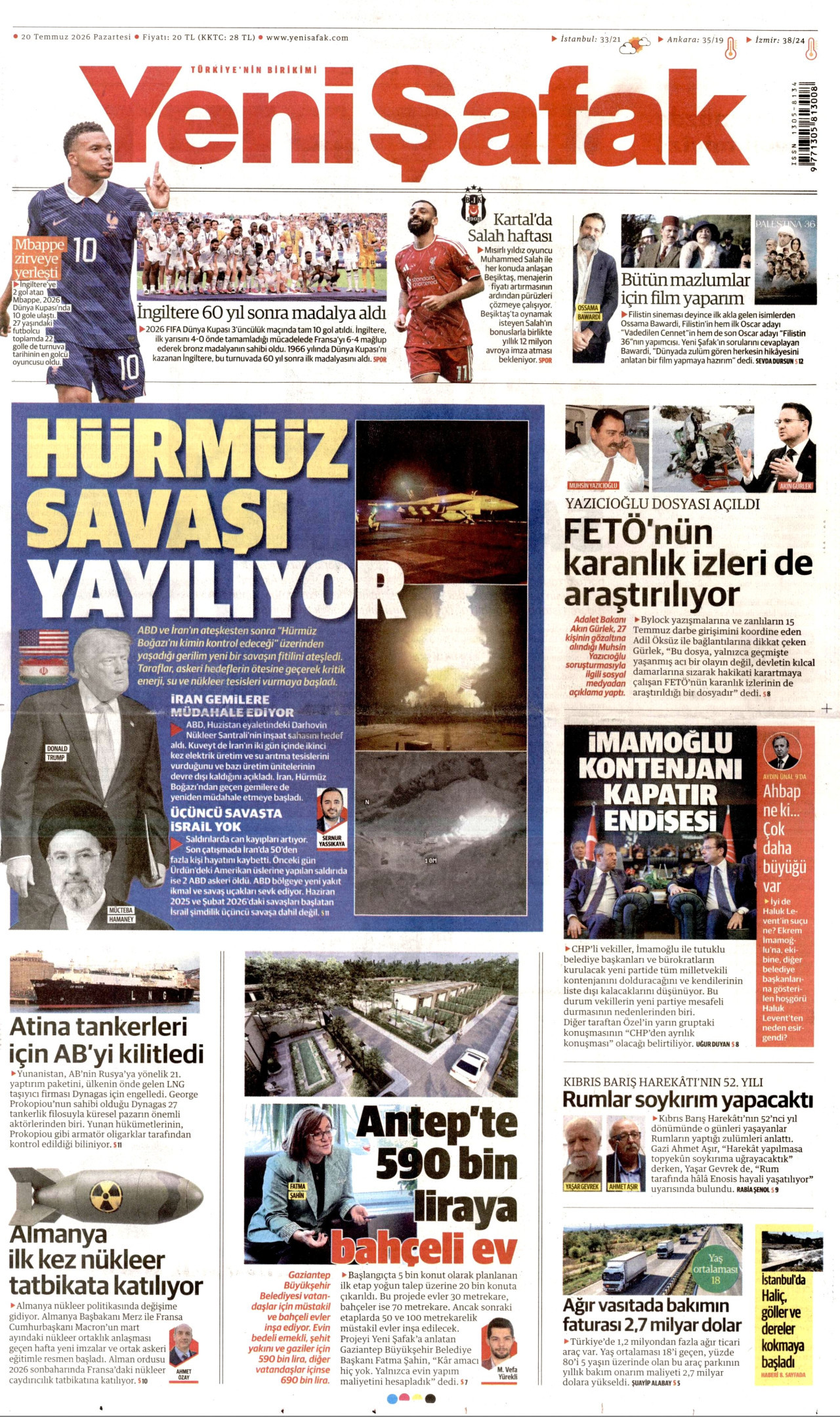 Yeni Şafak Gazetesi Manşeti - 20 Temmuz 2026 Birinci Sayfa
