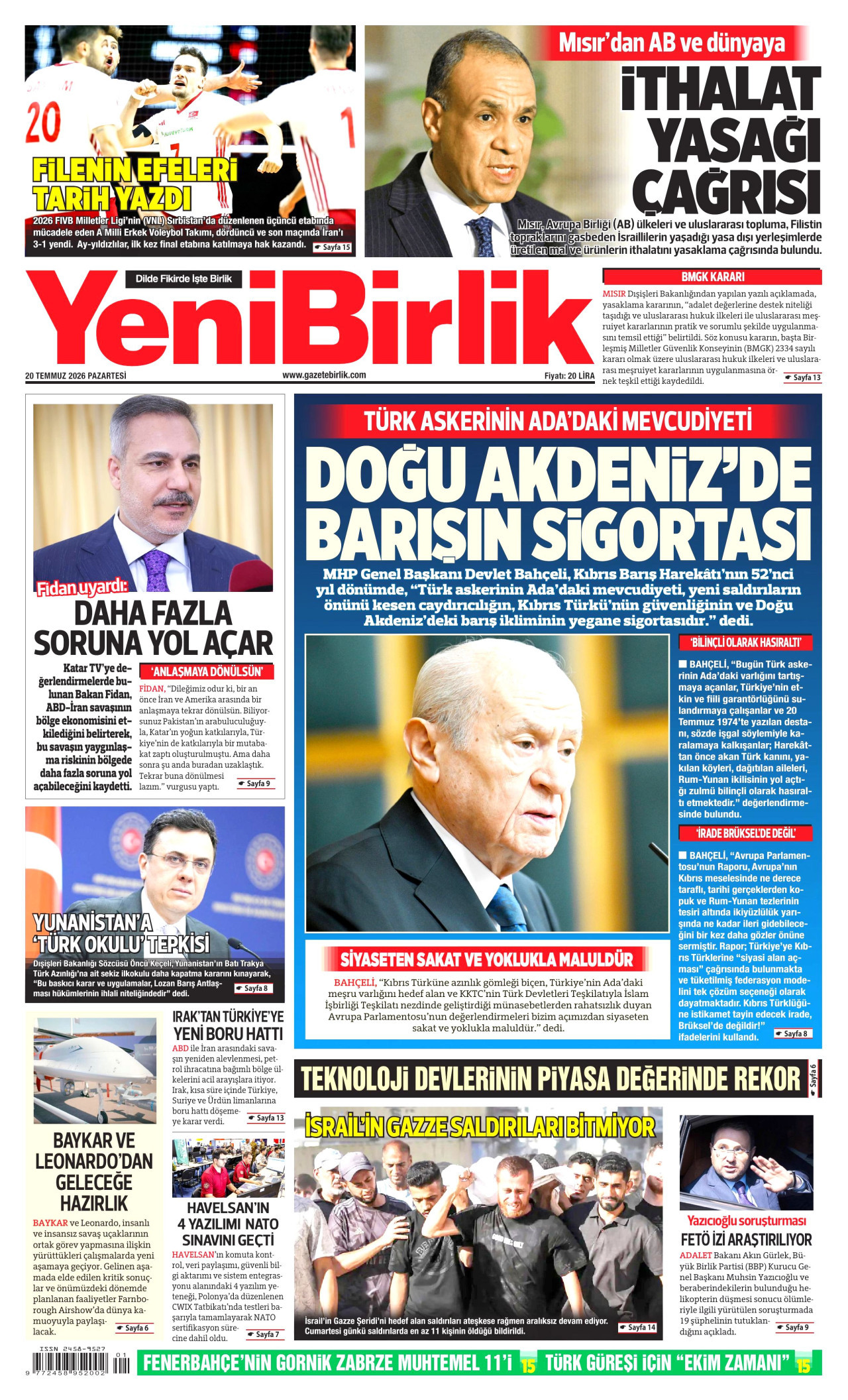 YeniBirlik Gazetesi Manşeti - 20 Temmuz 2026 Birinci Sayfa