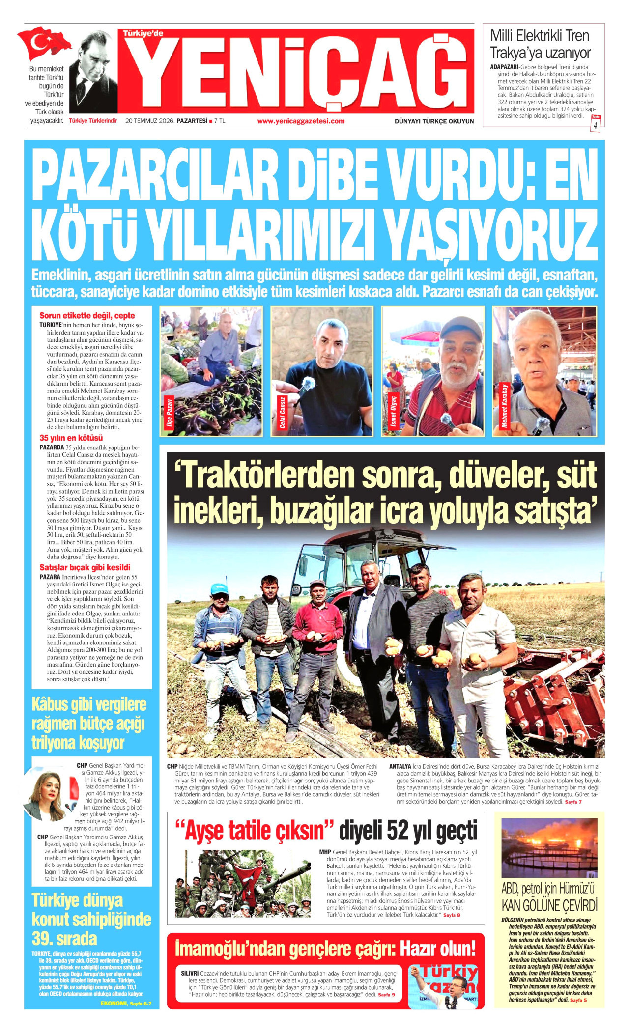 Yeniçağ Gazetesi Manşeti - 20 Temmuz 2026 Birinci Sayfa
