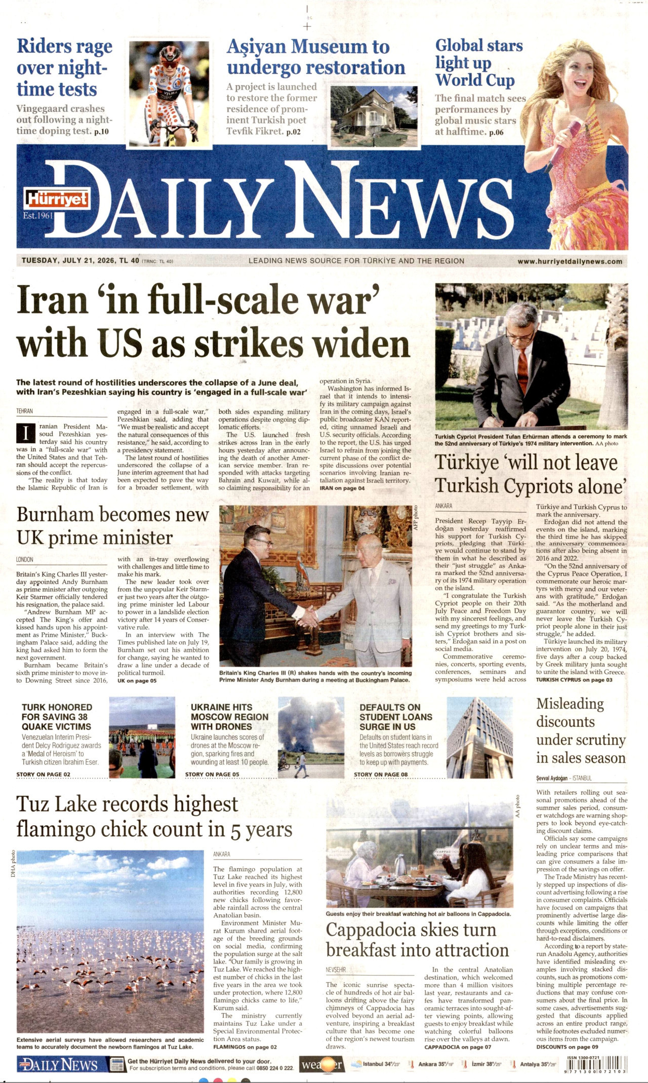 Hürriyet Daily News Gazetesi Manşeti - 21 Temmuz 2026 Birinci Sayfa