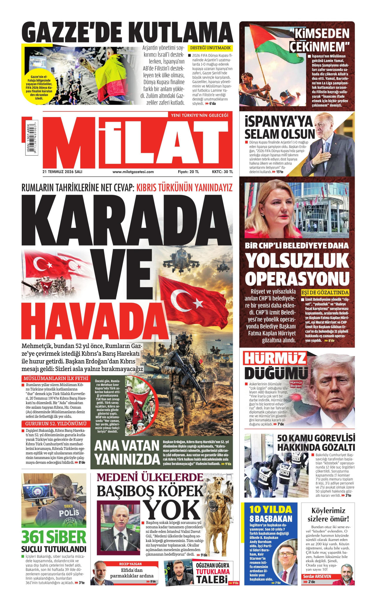 Milat Gazetesi Manşeti - 21.07.2026