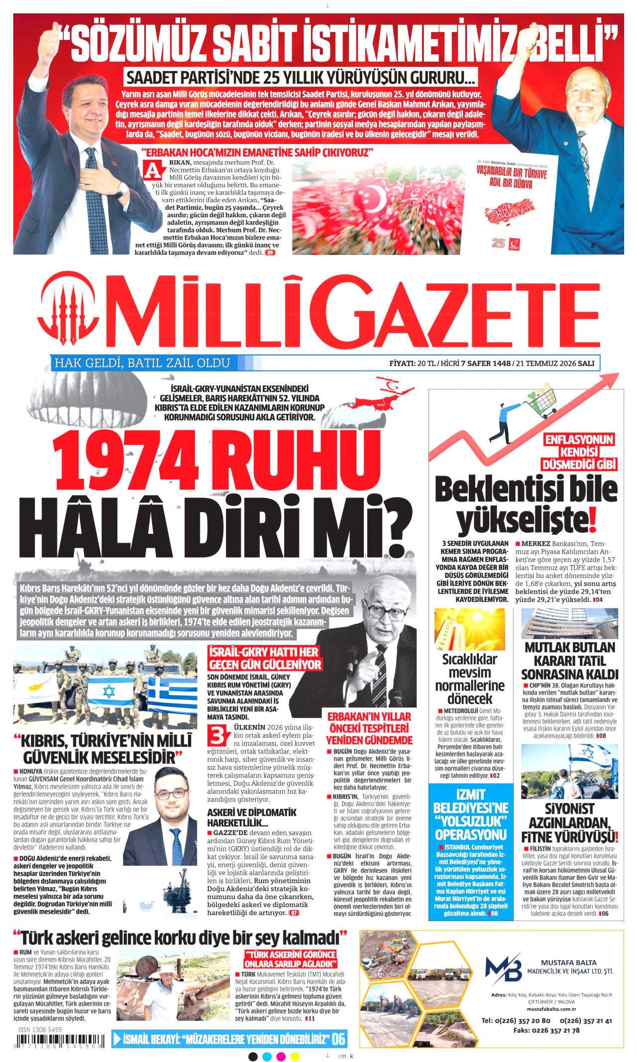 Milli Gazete Gazetesi Manşeti - 21.07.2026
