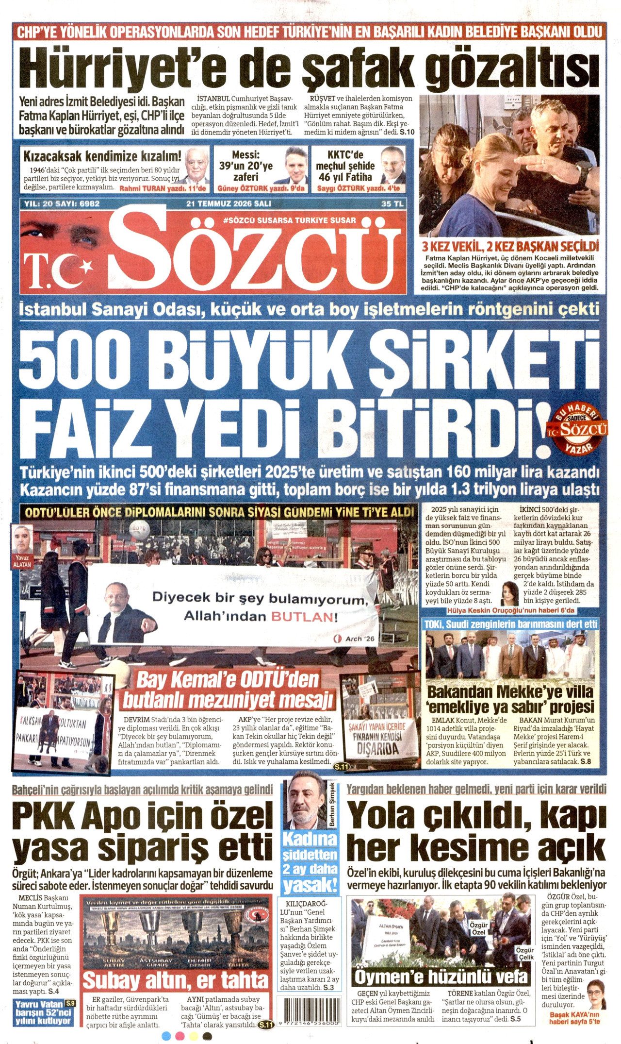 Sözcü Gazetesi Manşeti - 21.07.2026