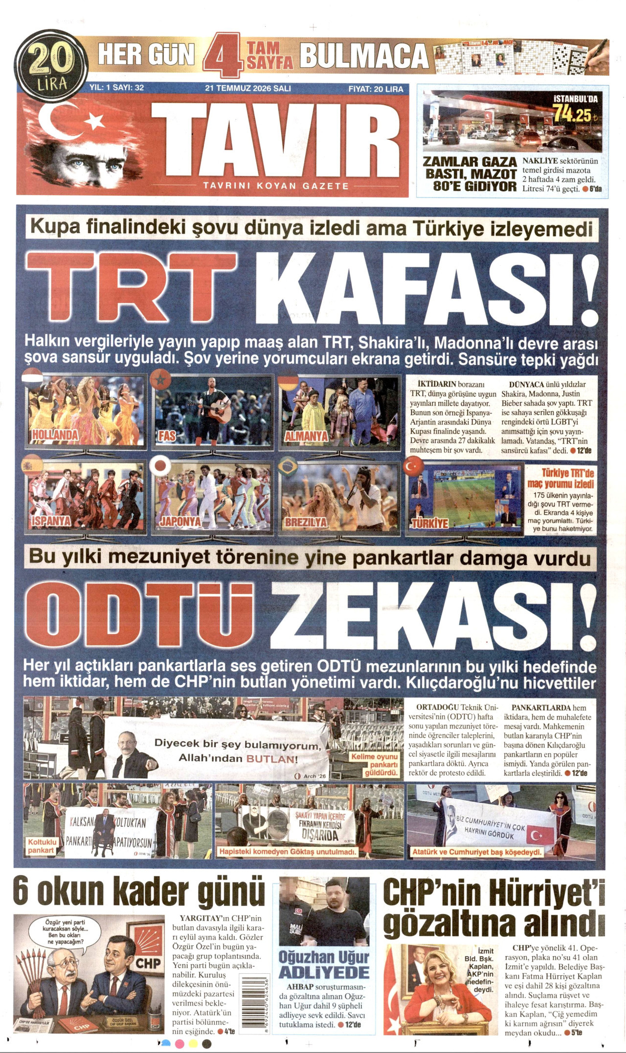 Tavır Gazetesi Gazetesi Manşeti - 21 Temmuz 2026 Birinci Sayfa