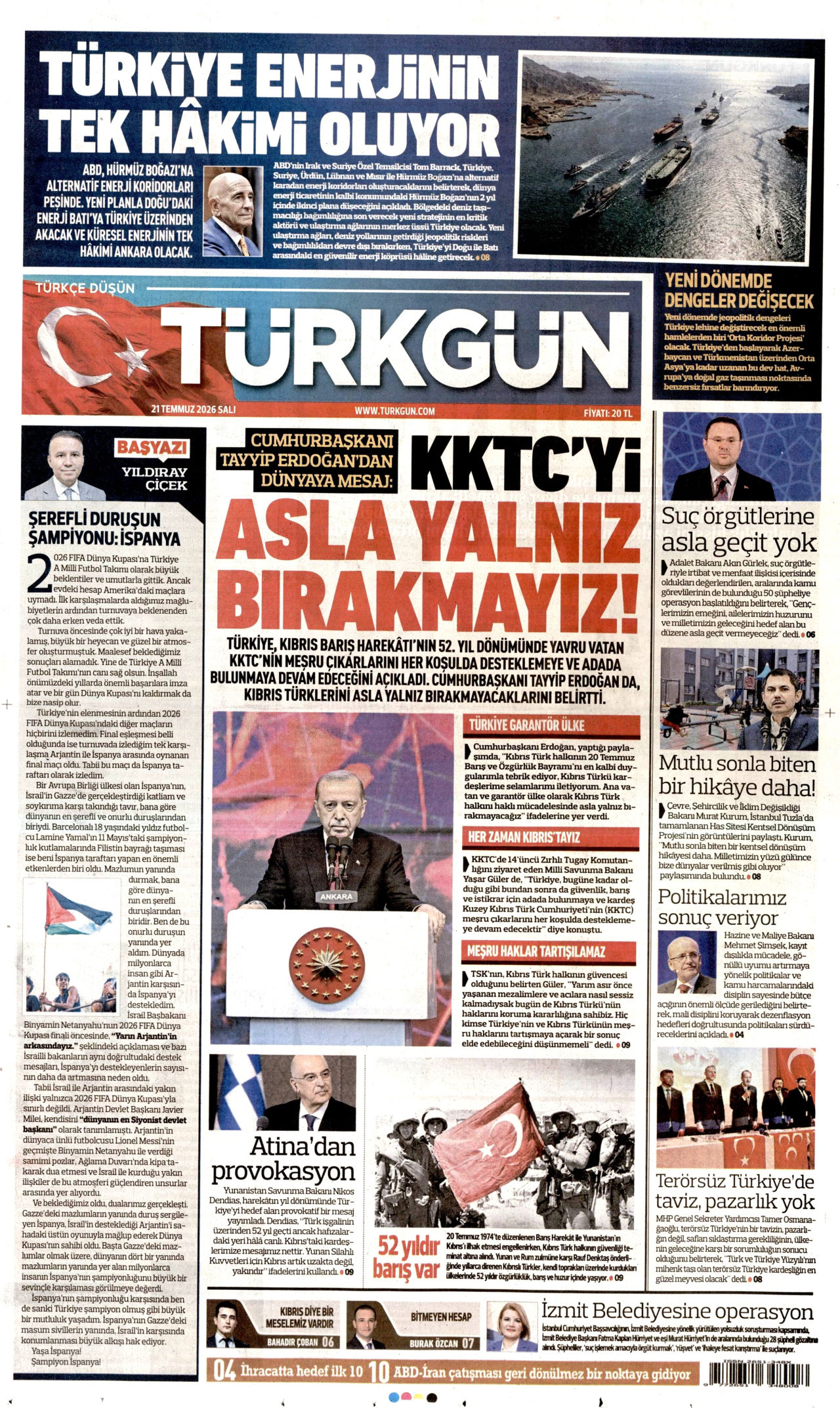 Türkgün Gazetesi Manşeti - 21.07.2026