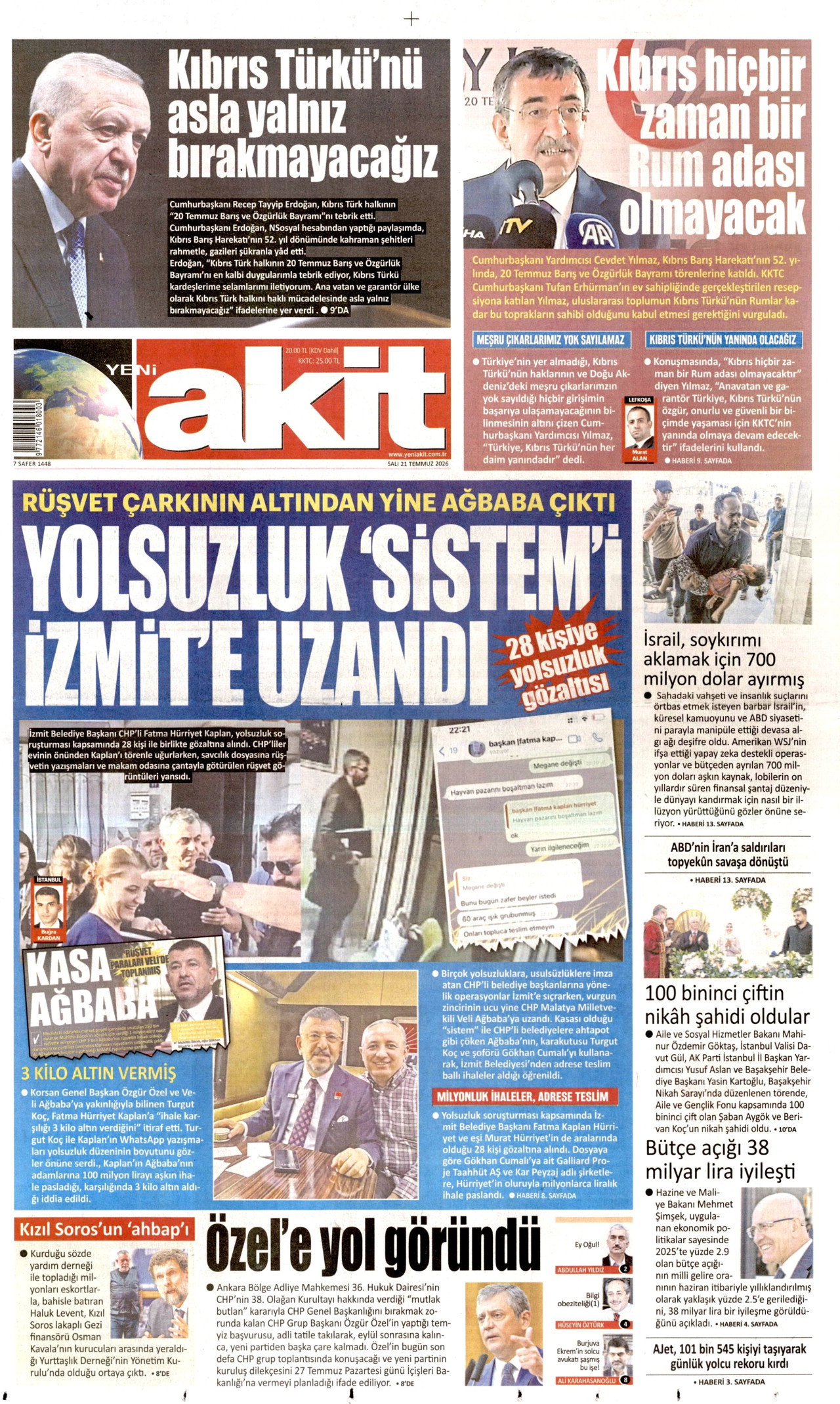 Yeni Akit Gazetesi Manşeti - 21.07.2026
