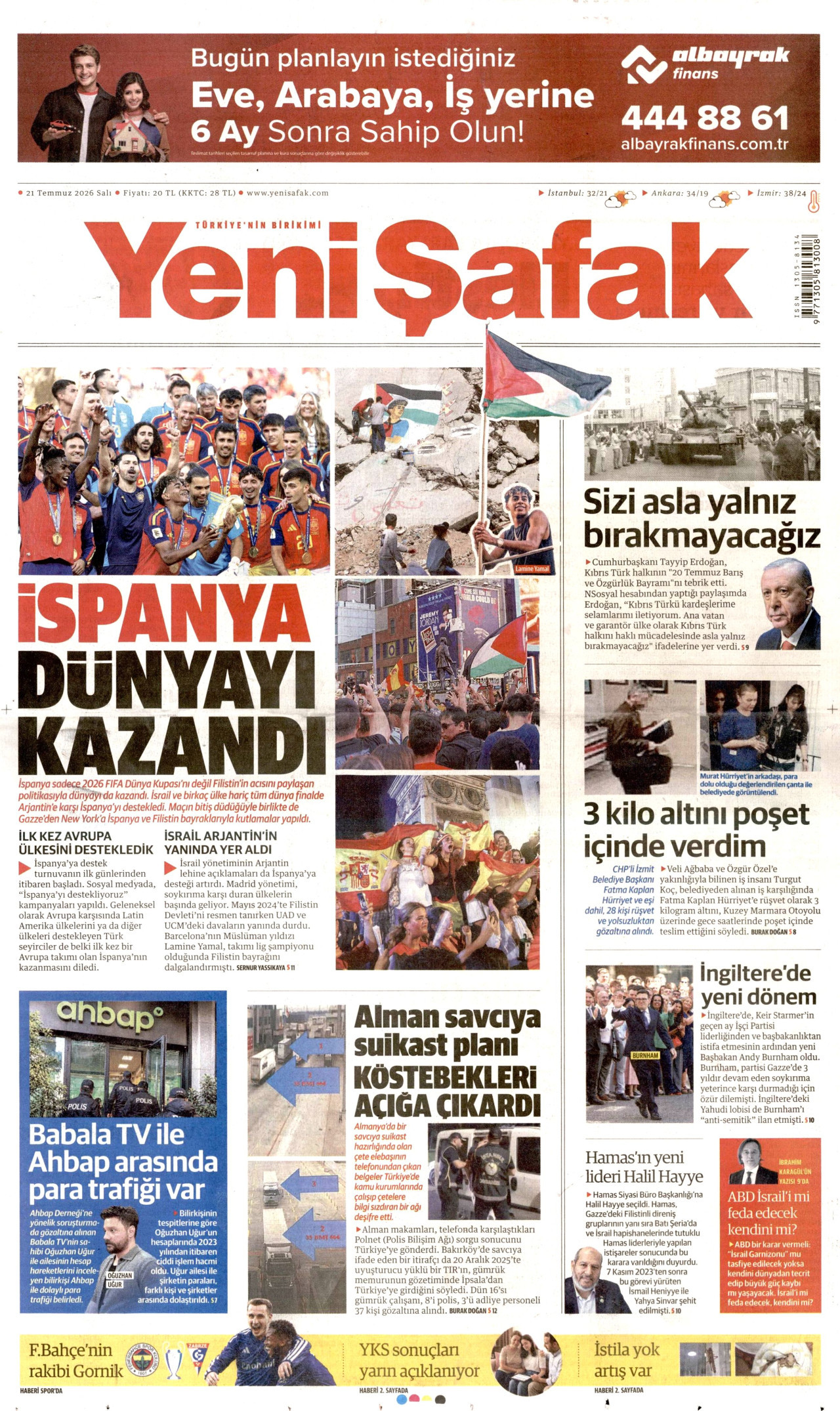 Yeni Şafak Gazetesi Manşeti - 21.07.2026