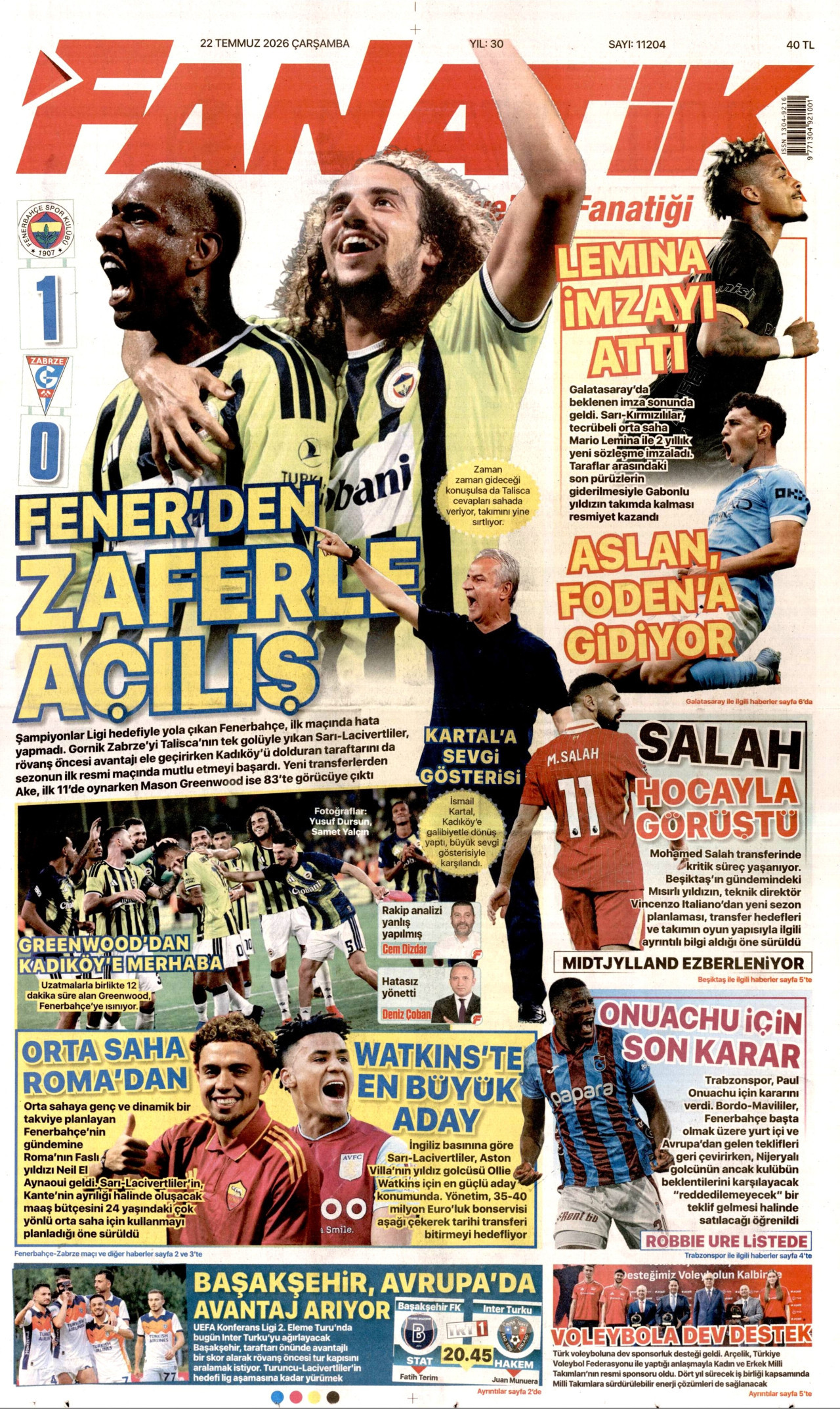Fanatik Gazetesi Manşeti - 22.07.2026