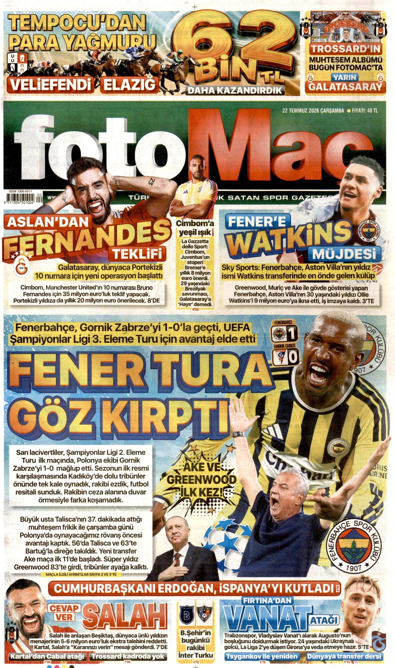Fotomaç Gazetesi Manşeti - 22.07.2026
