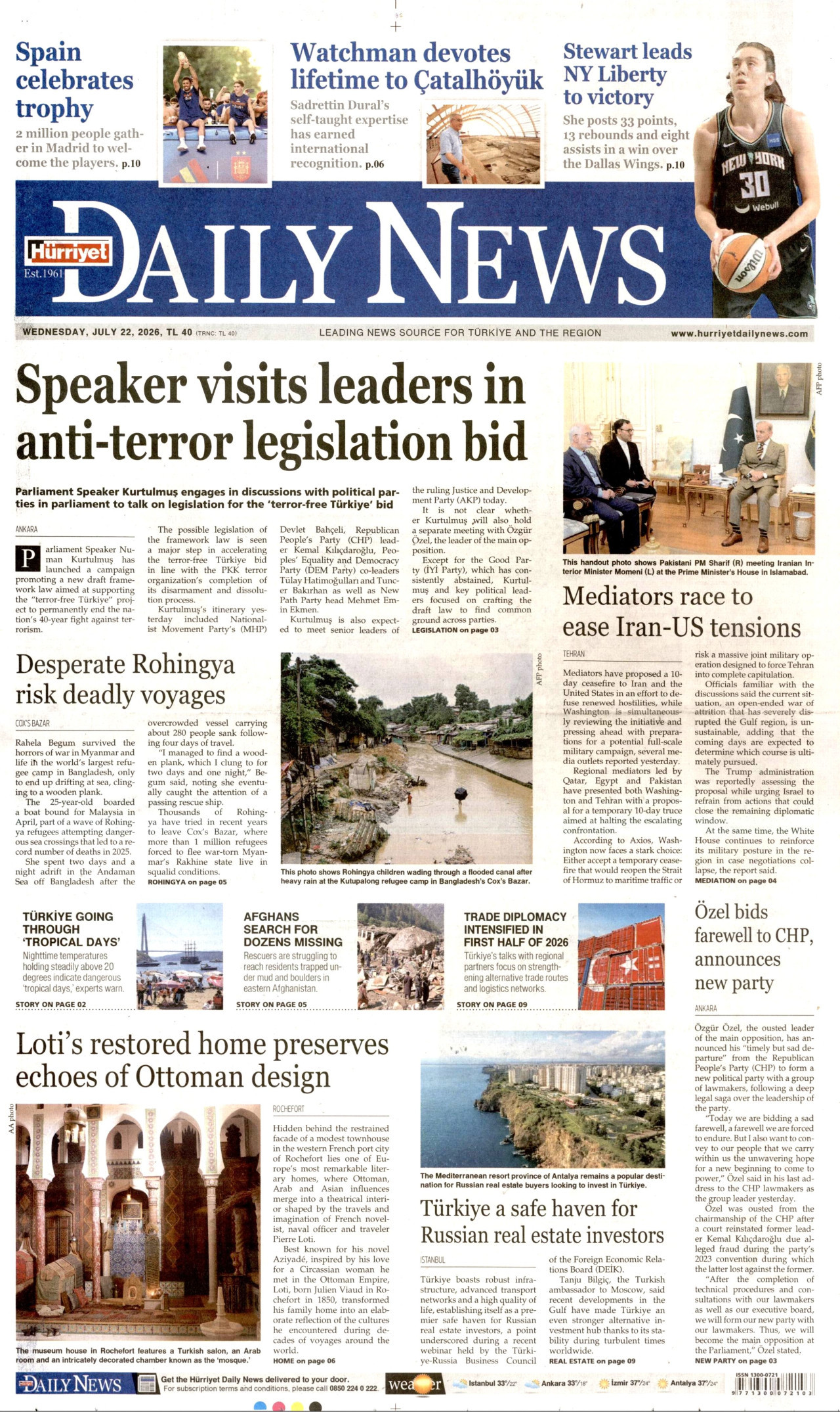 Hürriyet Daily News Gazetesi Manşeti - 22 Temmuz 2026 Birinci Sayfa