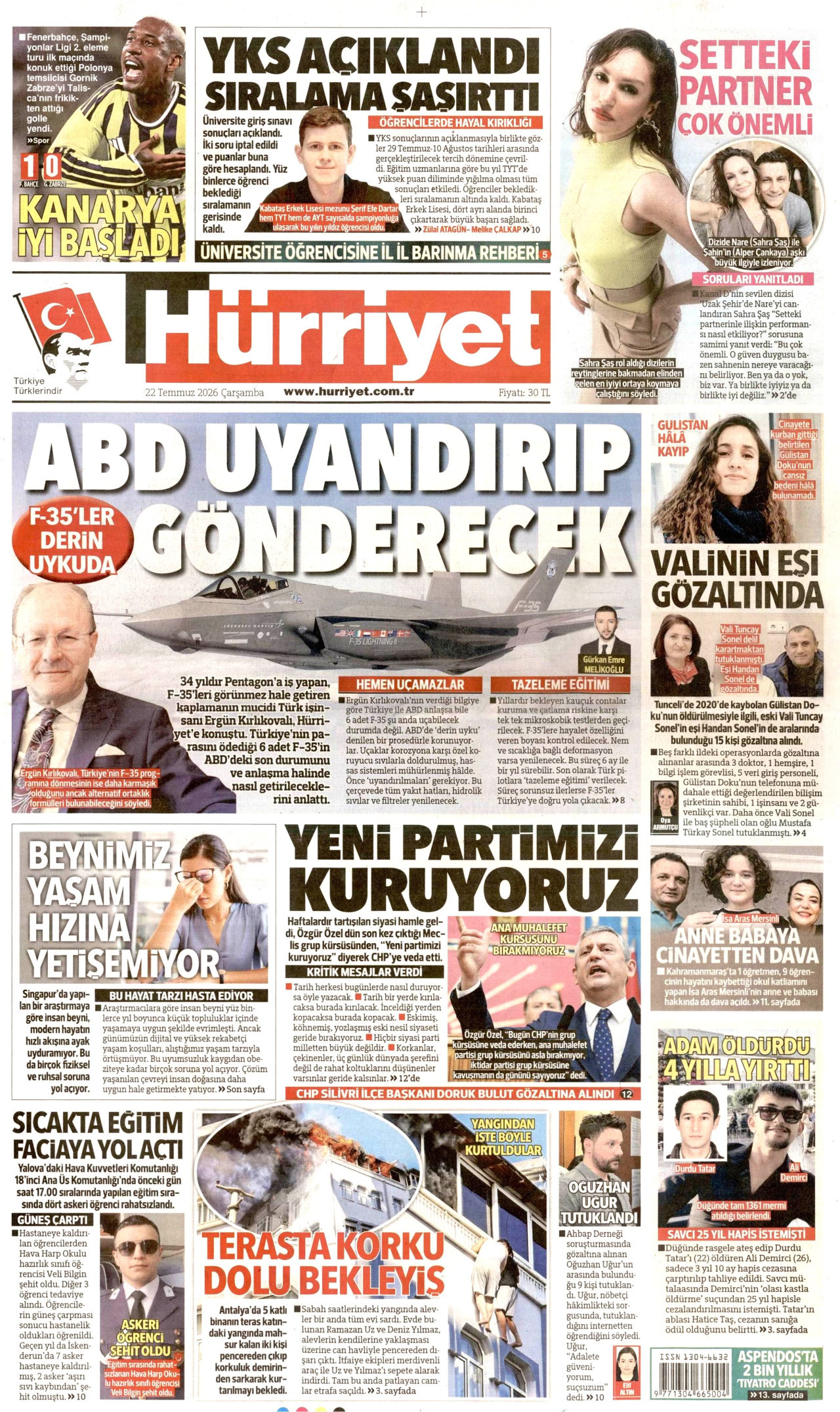 Hürriyet Gazetesi Manşeti - 22 Temmuz 2026 Birinci Sayfa