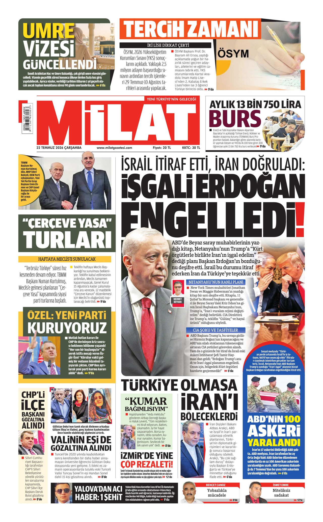 Milat Gazetesi Manşeti - 22.07.2026