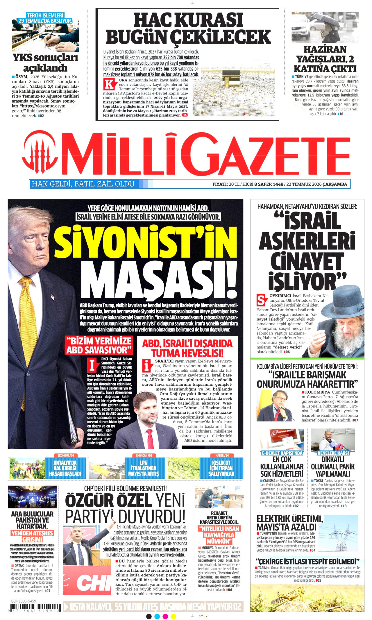 Milli Gazete Gazetesi Manşeti - 22.07.2026
