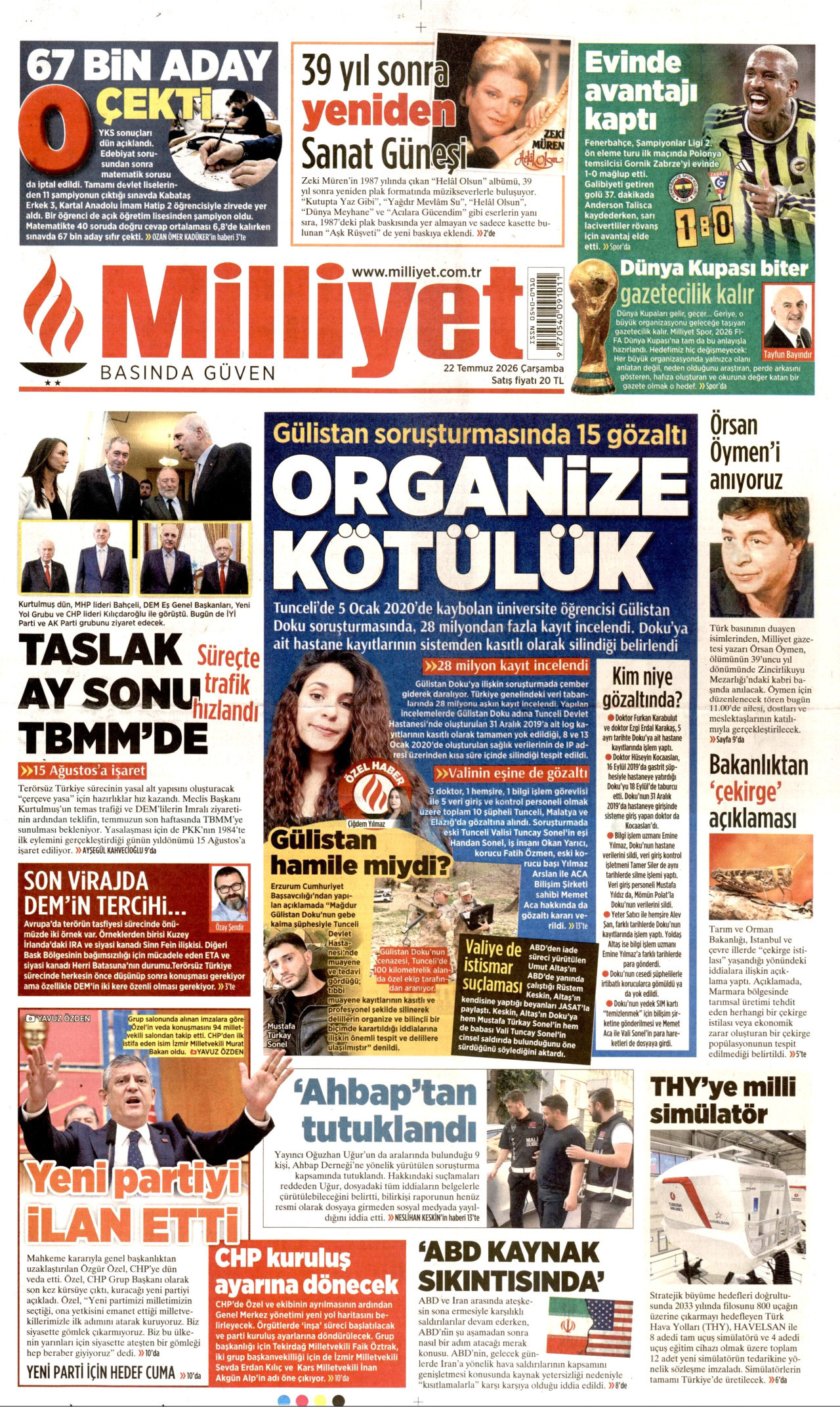 Milliyet Gazetesi Manşeti - 22.07.2026