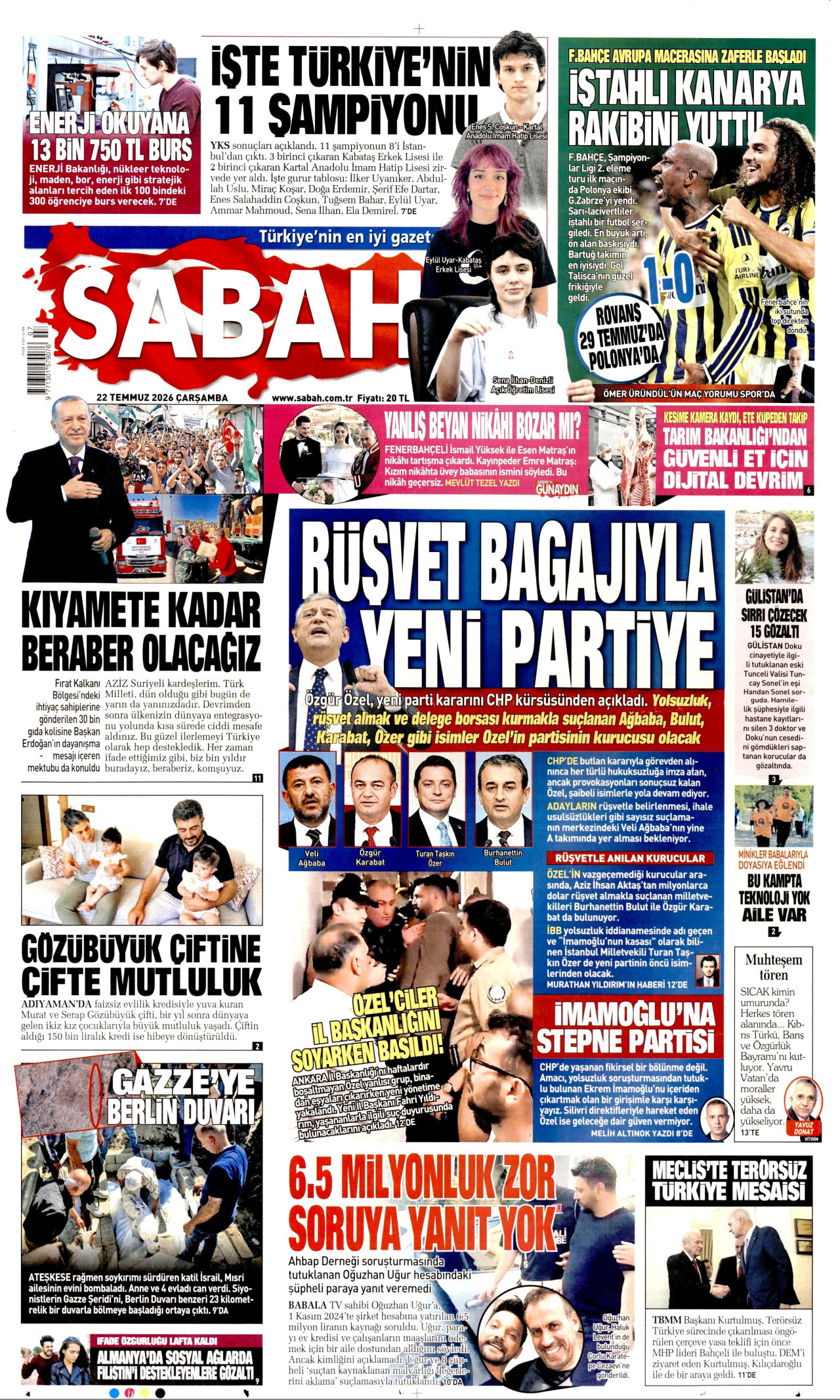 Sabah Gazetesi Manşeti - 22.07.2026