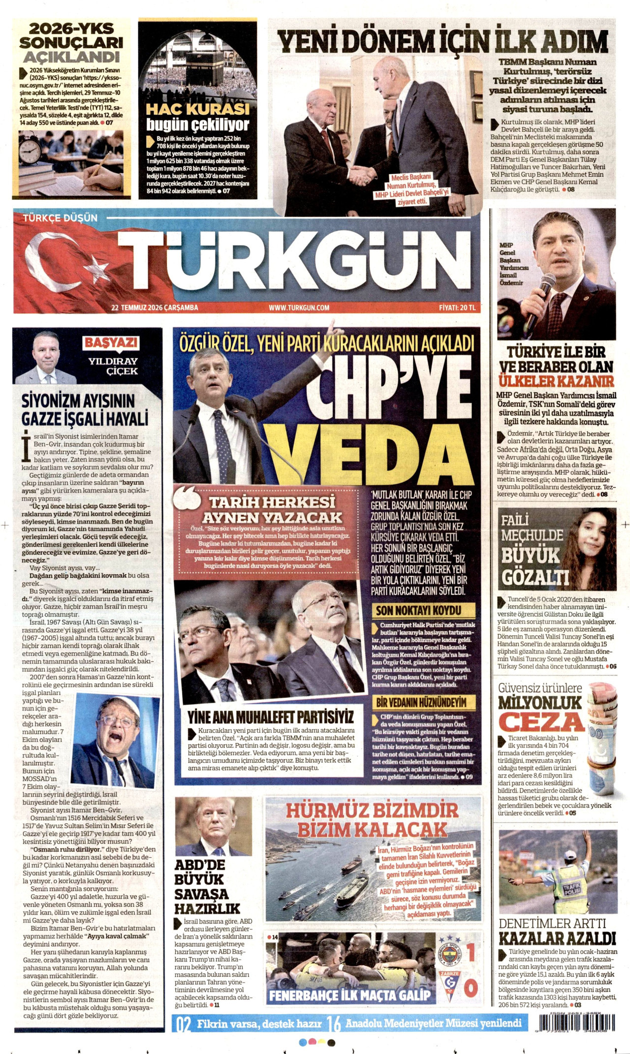 Türkgün Gazetesi Manşeti - 22.07.2026