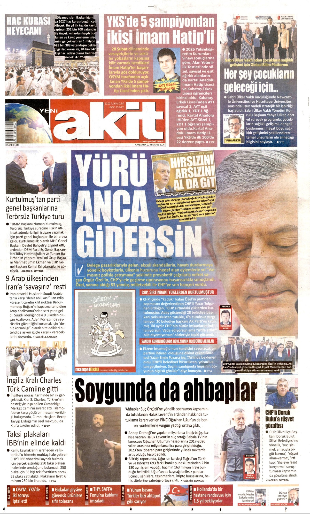 Yeni Akit Gazetesi Manşeti - 22.07.2026
