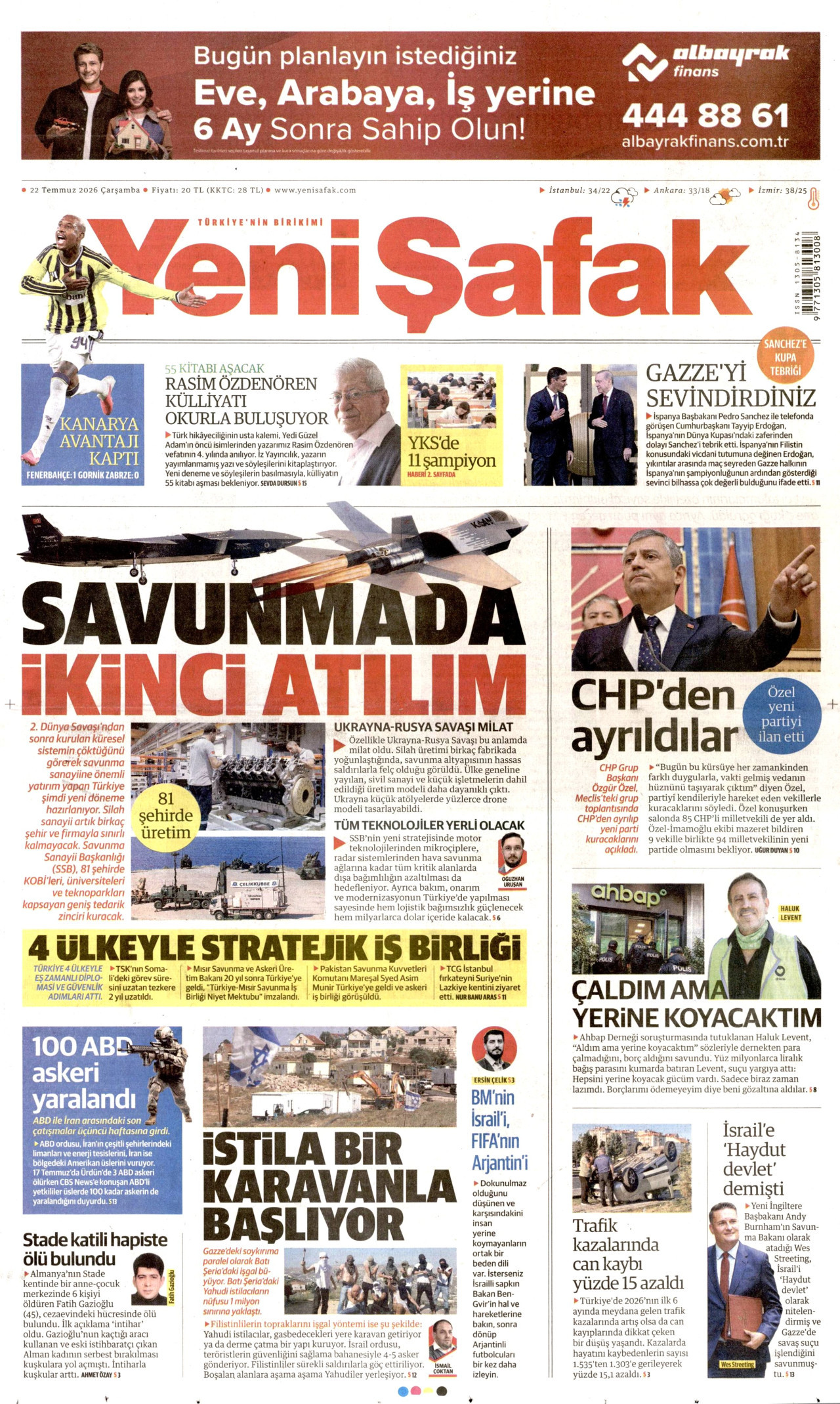 Yeni Şafak Gazetesi Manşeti - 22.07.2026