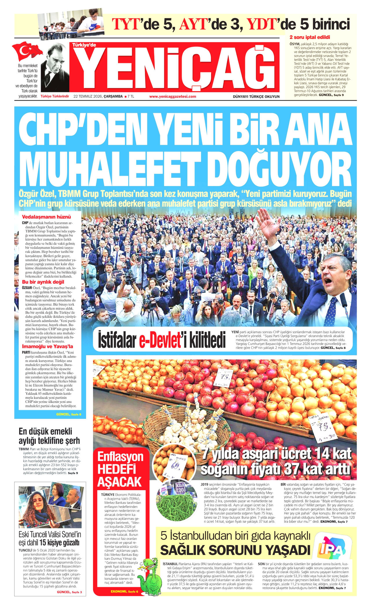 Yeniçağ Gazetesi Manşeti - 22 Temmuz 2026 Birinci Sayfa