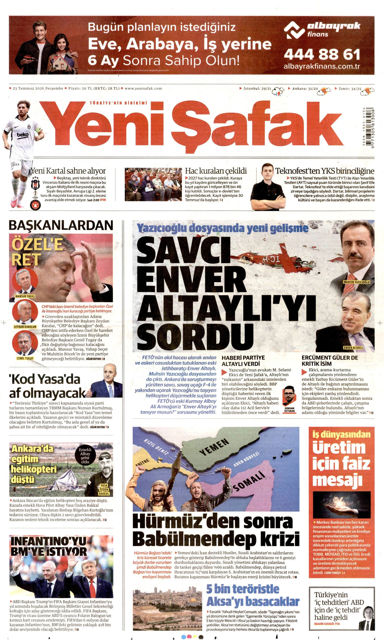 Yeni Şafak Gazetesi Manşeti - 23.07.2026