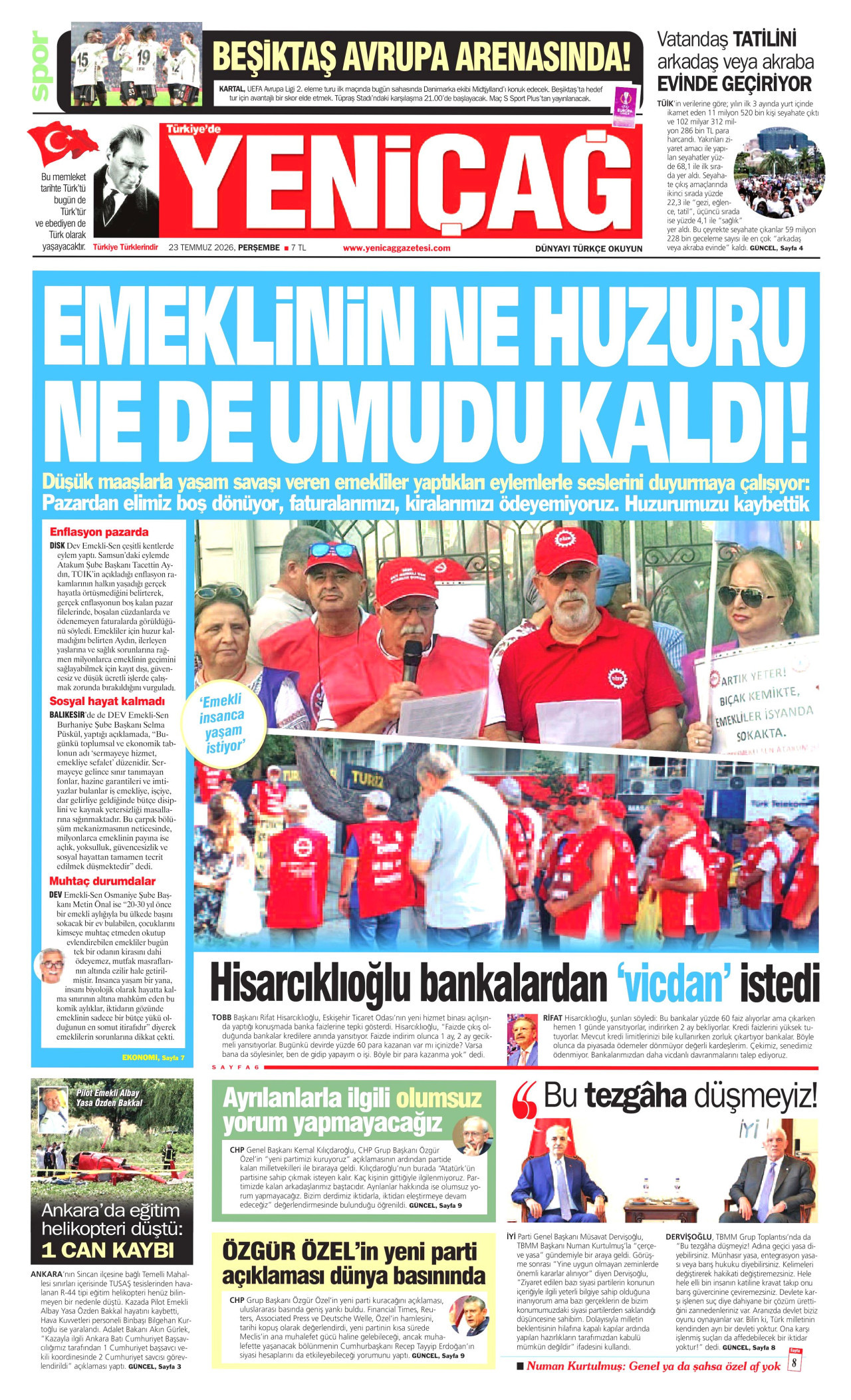 Yeniçağ Gazetesi Manşeti - 23 Temmuz 2026 Birinci Sayfa