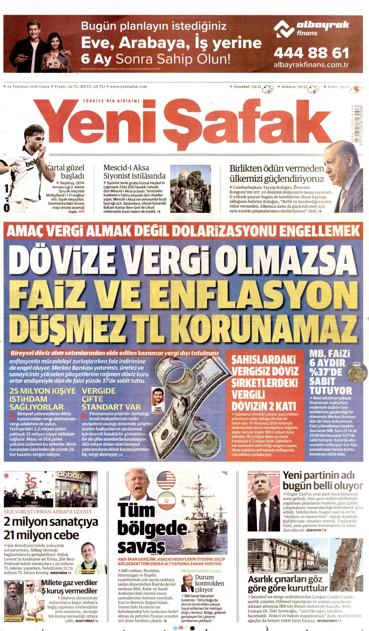 Yeni Şafak Gazetesi Manşeti - 24.07.2026