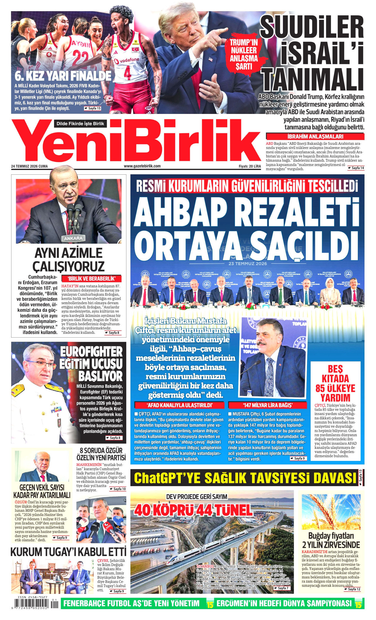 YeniBirlik Gazetesi Manşeti - 7 Ağustos 2026 Birinci Sayfa