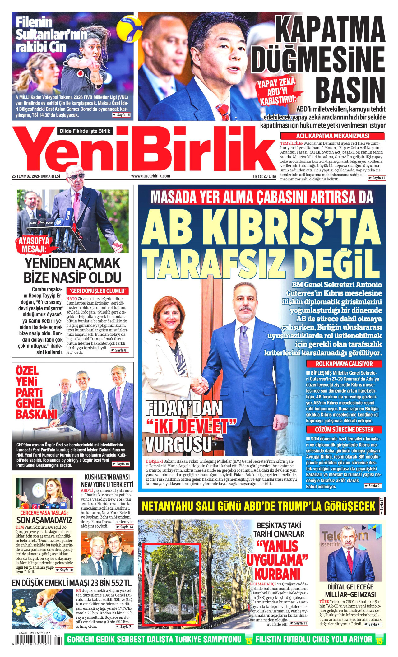 YeniBirlik Gazetesi Manşeti - 25 Temmuz 2026 Birinci Sayfa