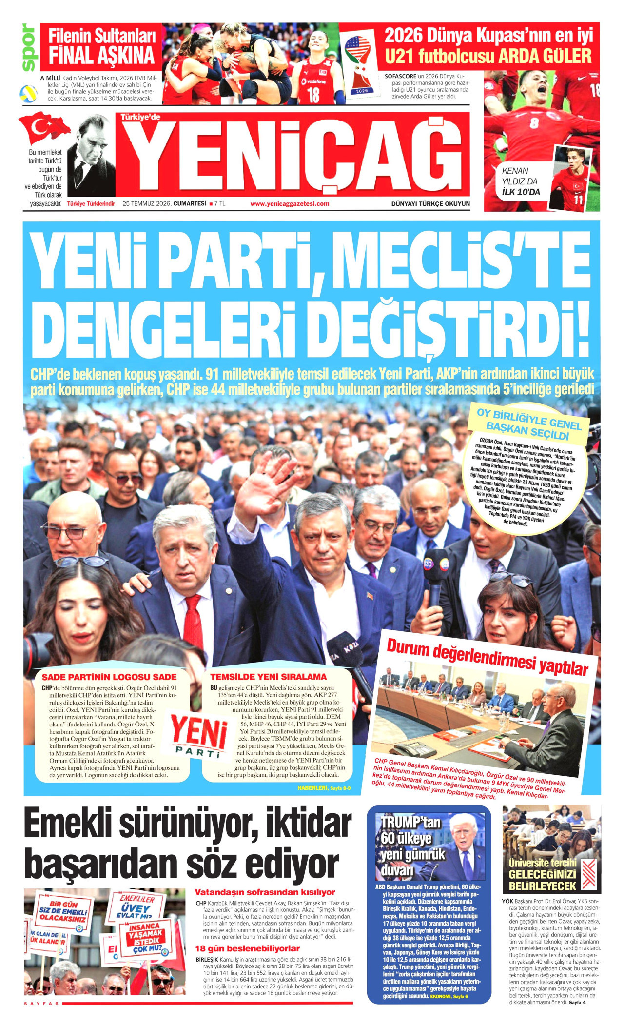 Yeniçağ Gazetesi Manşeti - 25 Temmuz 2026 Birinci Sayfa