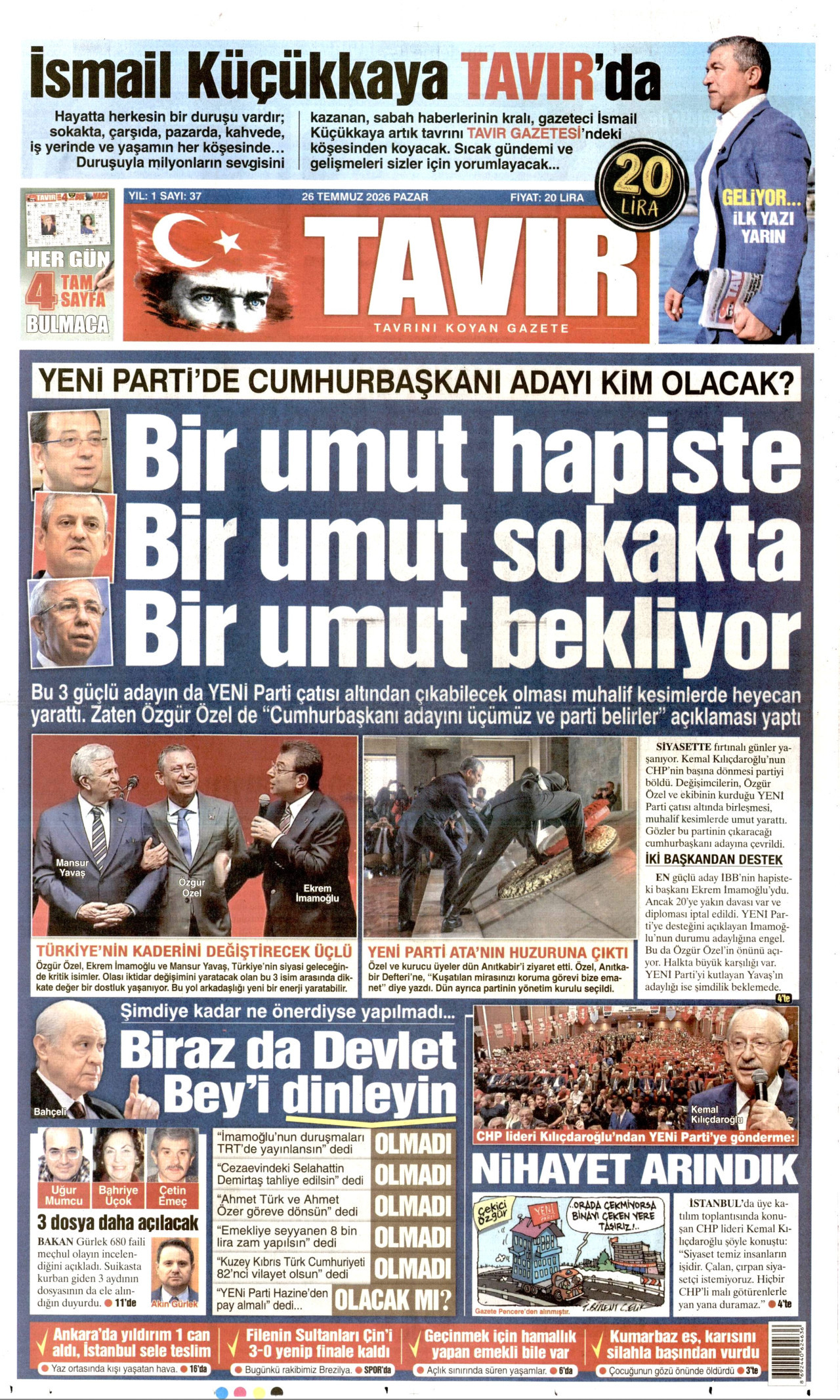 Tavır Gazetesi Gazetesi Manşeti - 26 Temmuz 2026 Birinci Sayfa