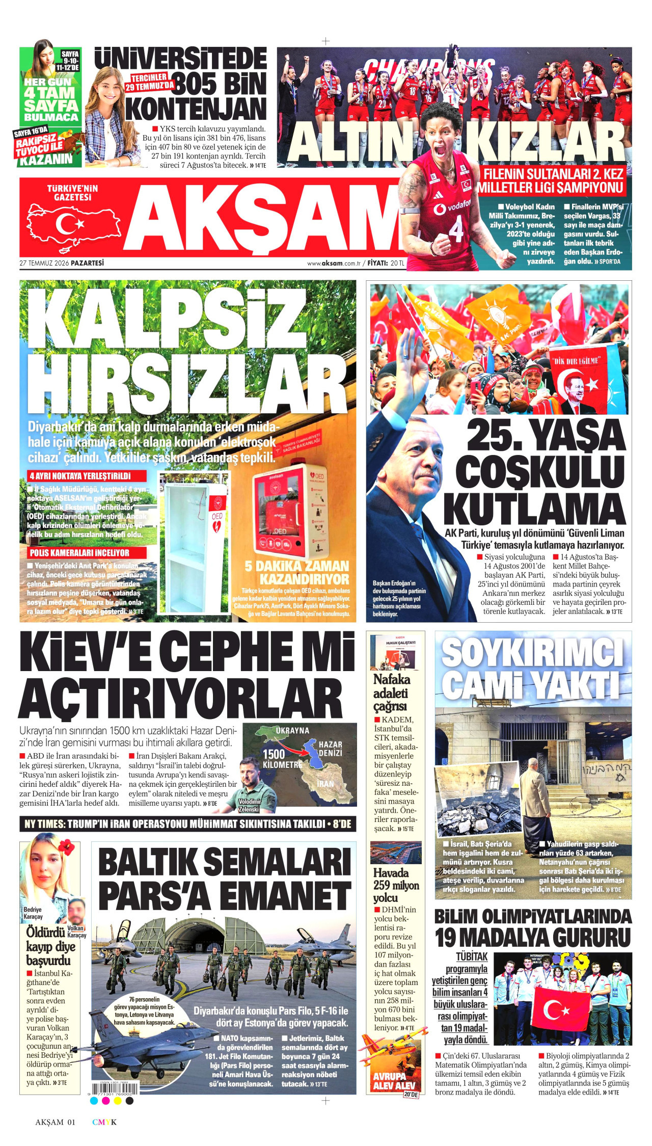 Akşam Gazetesi Manşeti - 27 Temmuz 2026 Birinci Sayfa