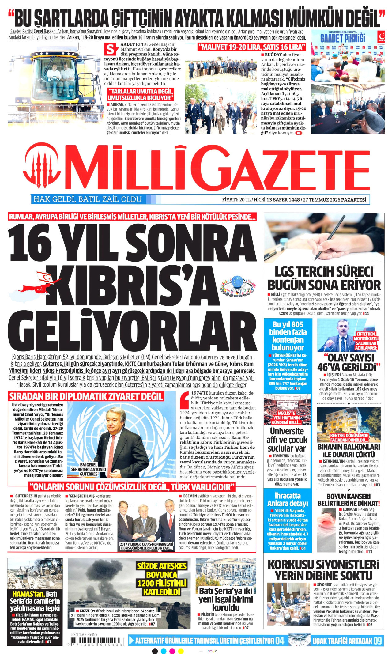 Milli Gazete Gazetesi Manşeti - 27.07.2026