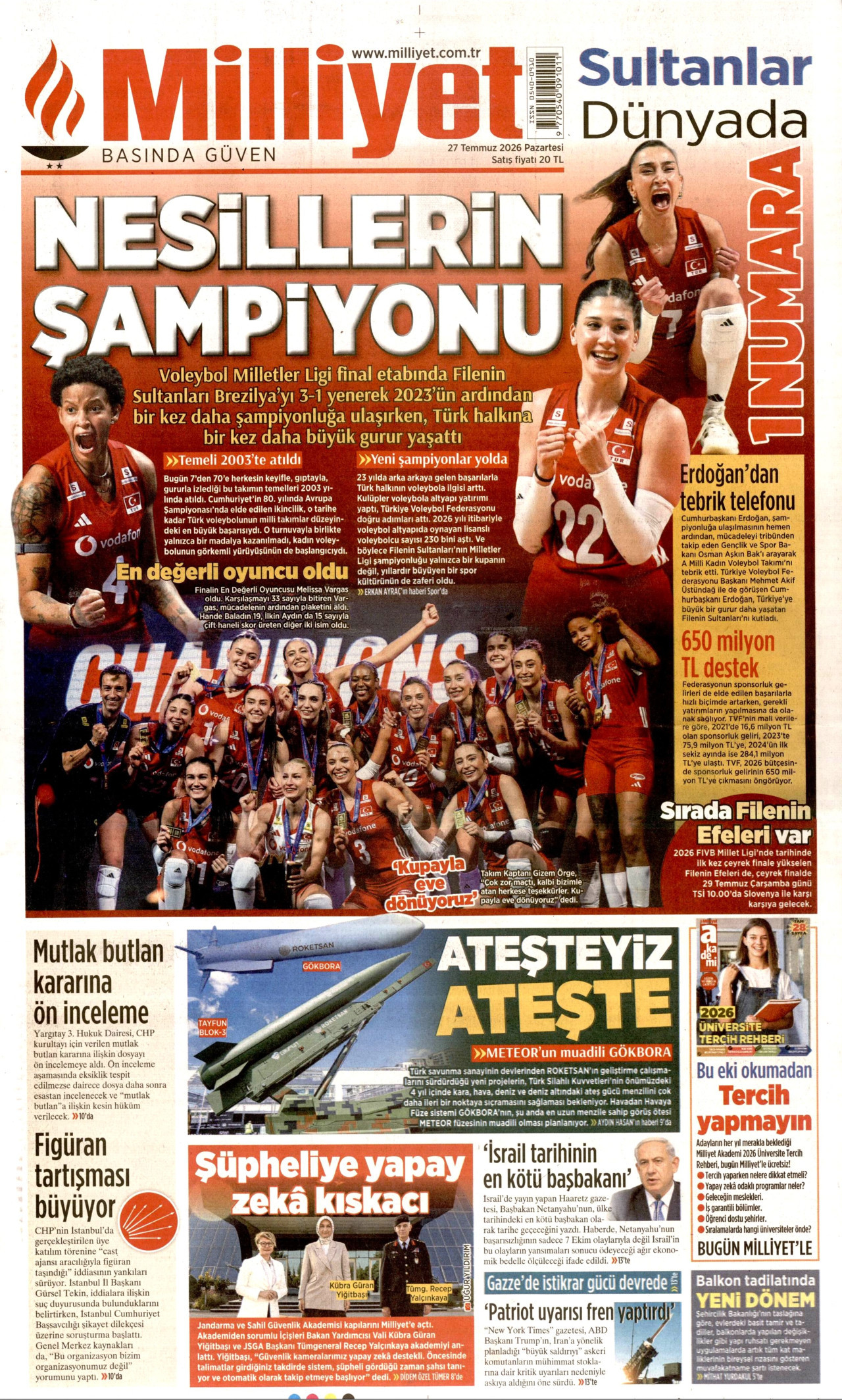 Milliyet Gazetesi Manşeti - 27 Temmuz 2026 Birinci Sayfa
