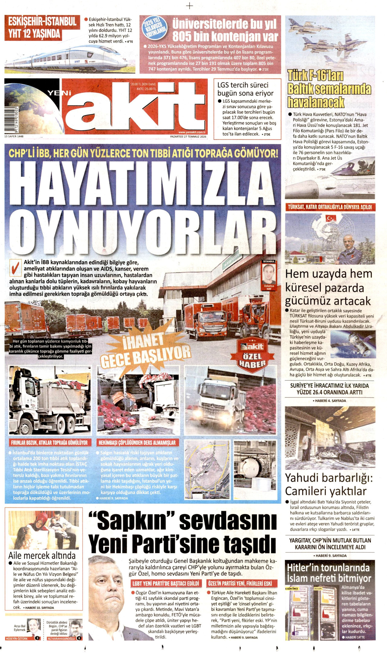 Yeni Akit Gazetesi Manşeti - 27.07.2026
