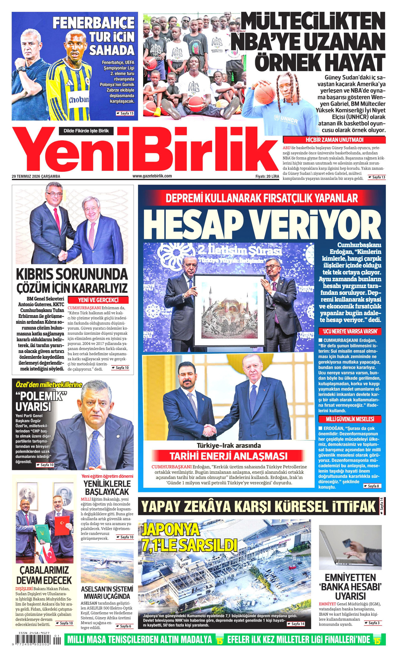 YeniBirlik Gazetesi Manşeti - 29 Temmuz 2026 Birinci Sayfa
