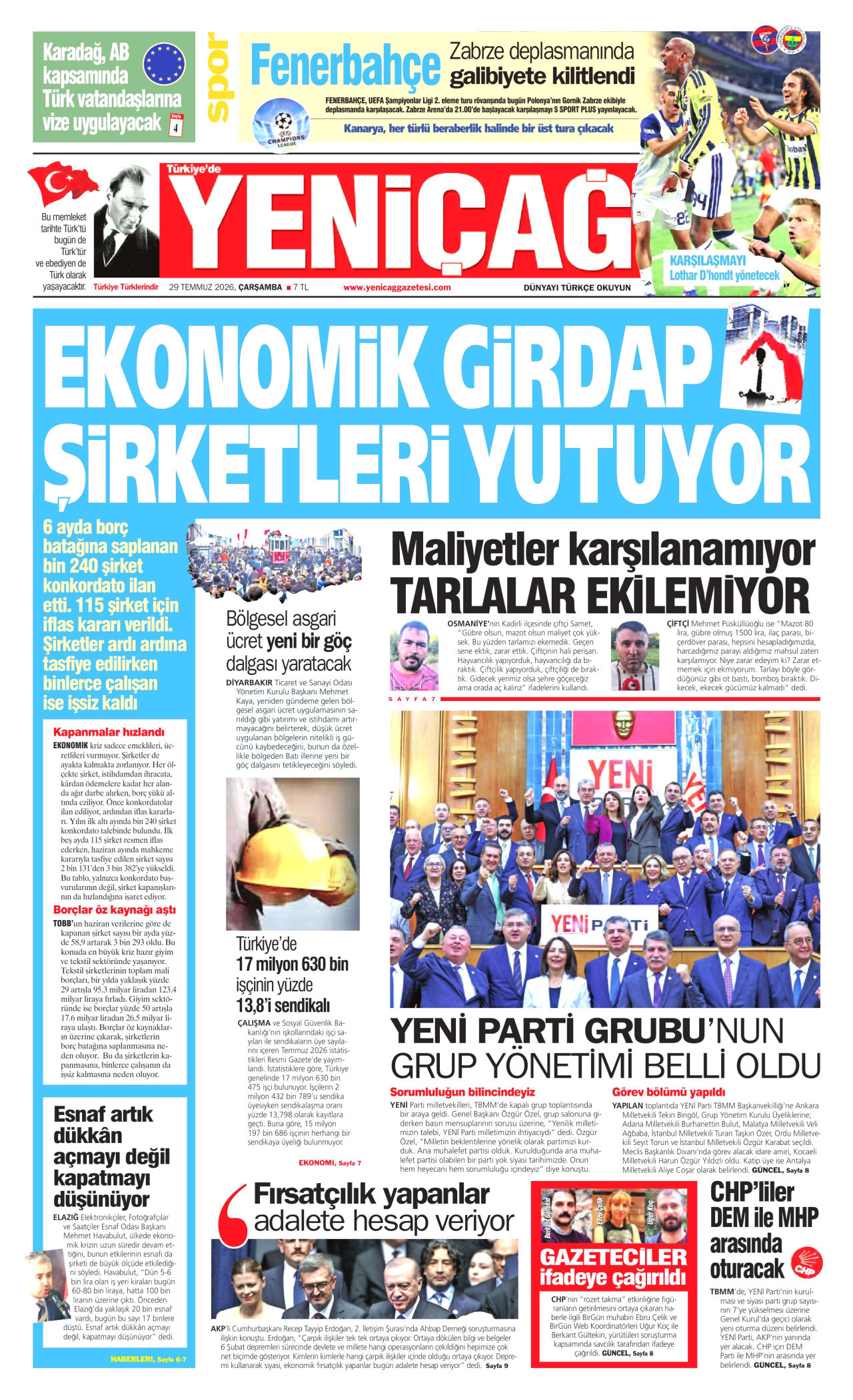 Yeniçağ Gazetesi Manşeti - 29 Temmuz 2026 Birinci Sayfa