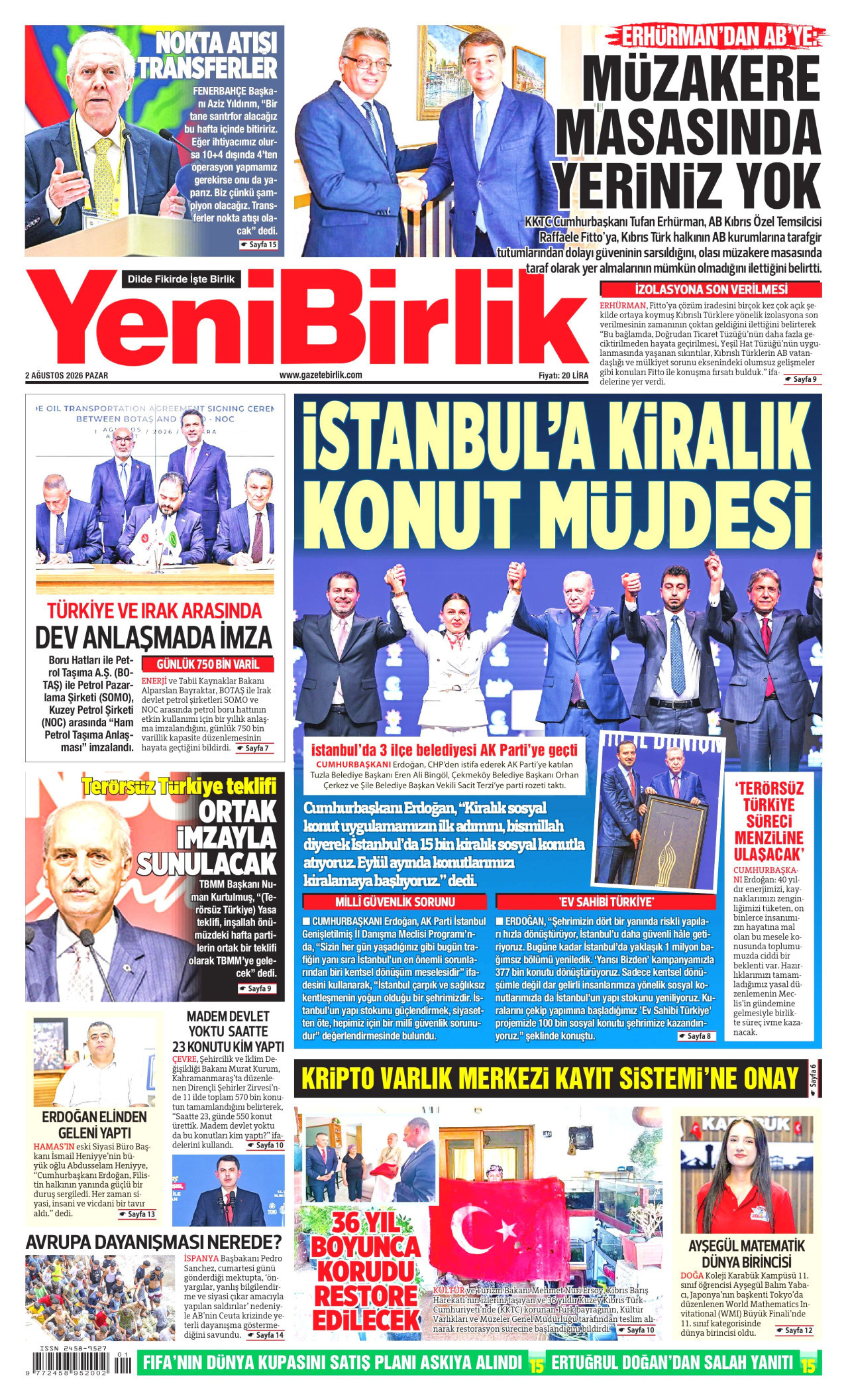 YeniBirlik Gazetesi Manşeti - 2 Ağustos 2026 Birinci Sayfa