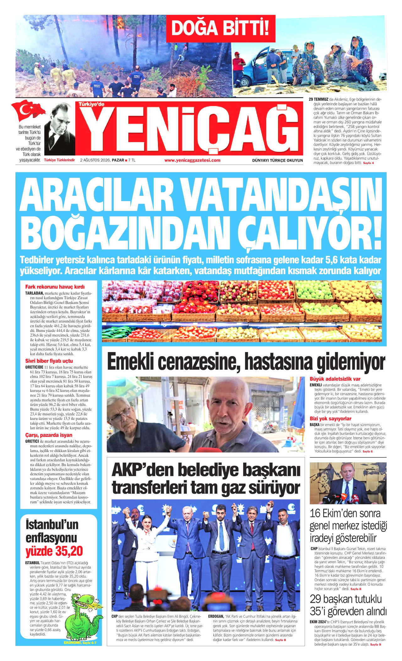 Yeniçağ Gazetesi Manşeti - 2 Ağustos 2026 Birinci Sayfa