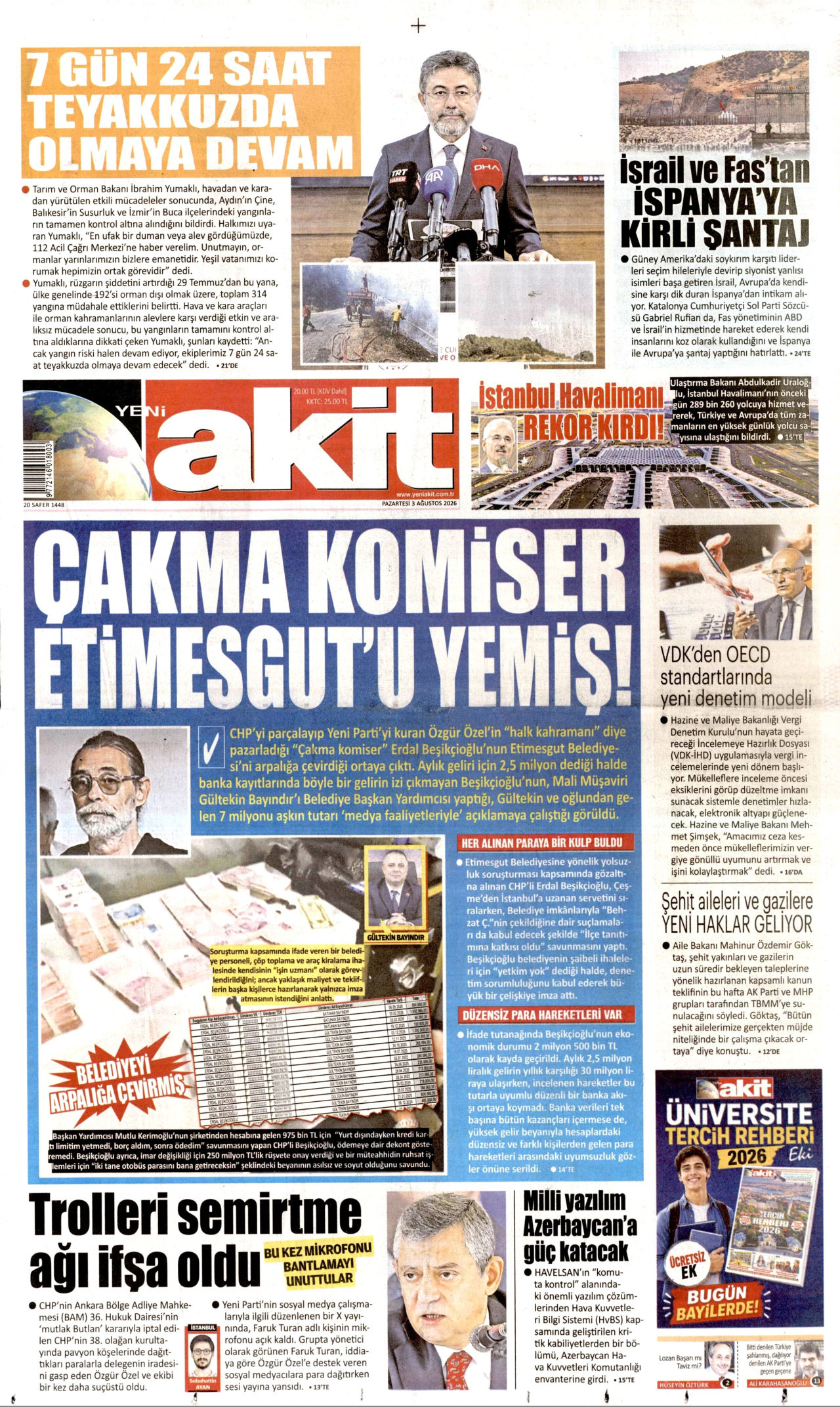 Yeni Akit Gazetesi Manşeti - 03.08.2026