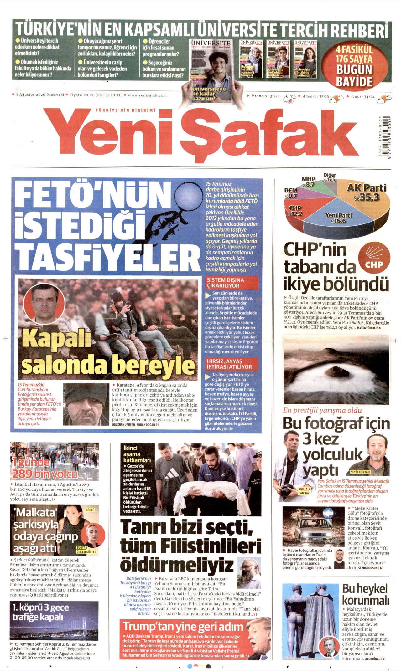 Yeni Şafak Gazetesi Manşeti - 03.08.2026