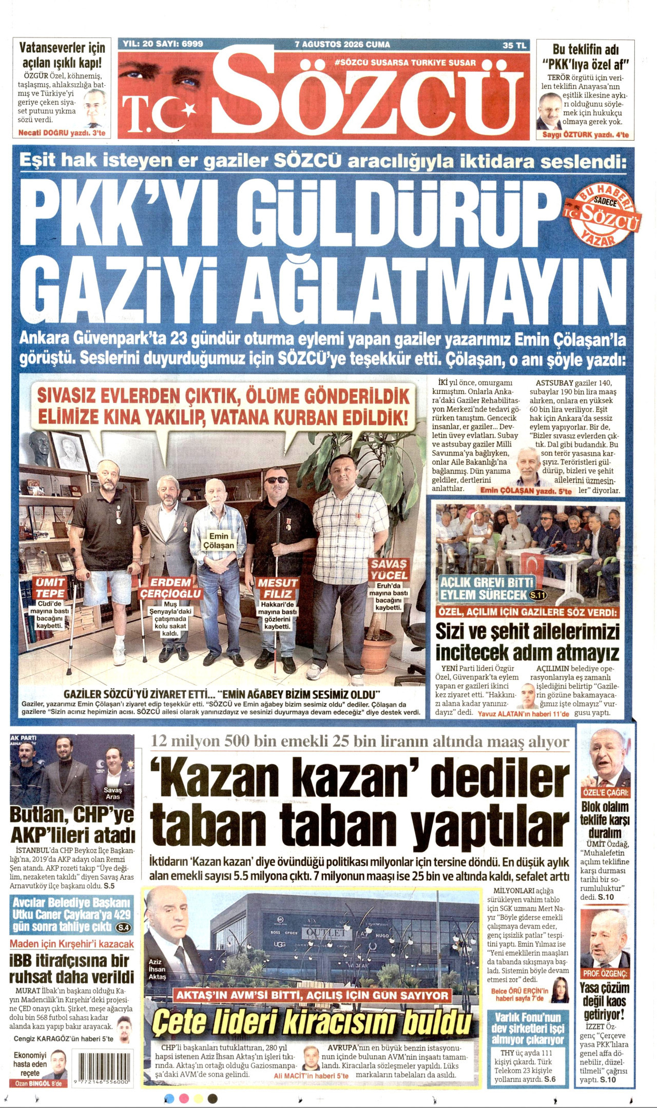 Sözcü Gazetesi Manşeti - 7 Ağustos 2026 Birinci Sayfa