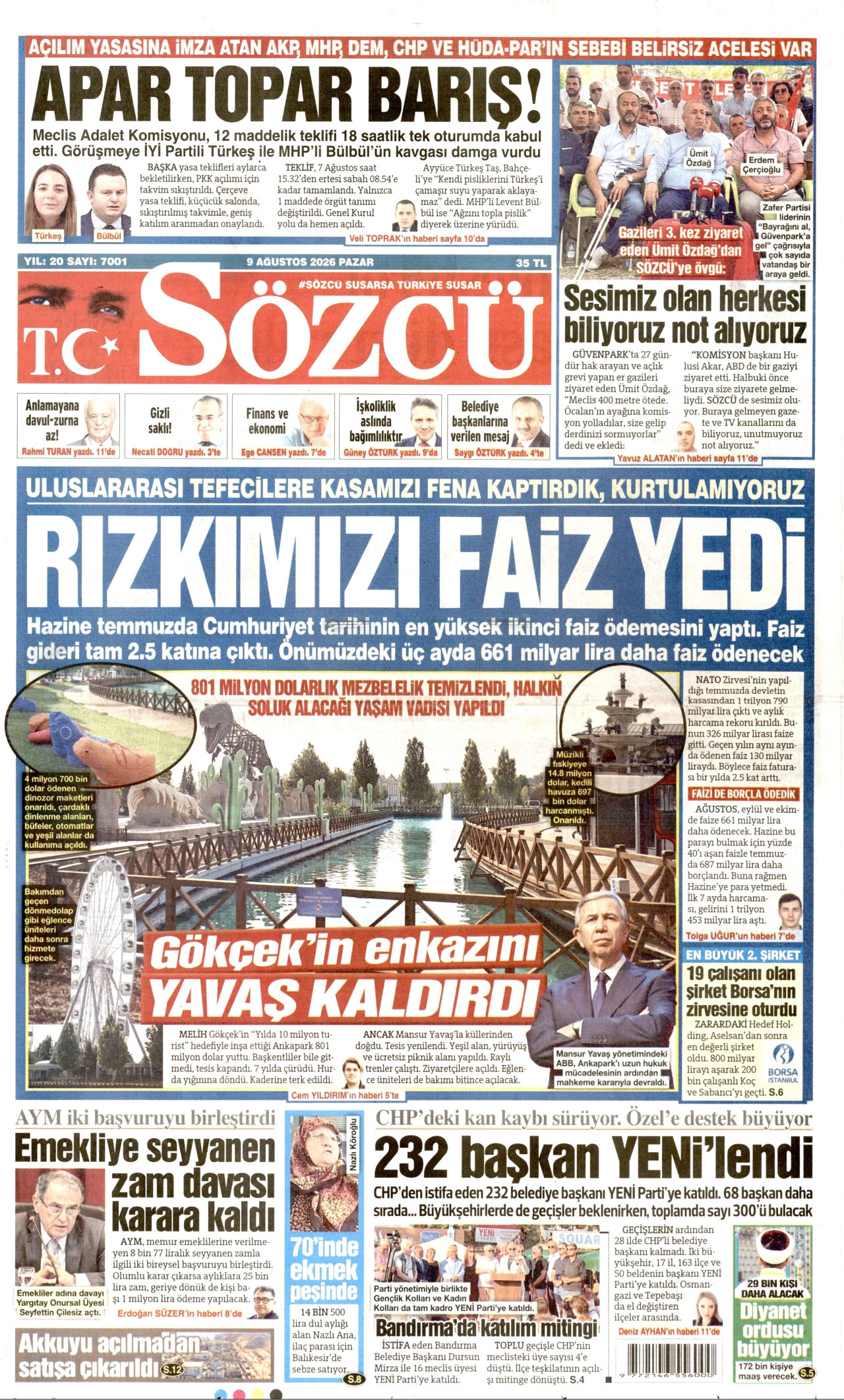 Sözcü Gazetesi Manşeti - 9 Ağustos 2026 Birinci Sayfa