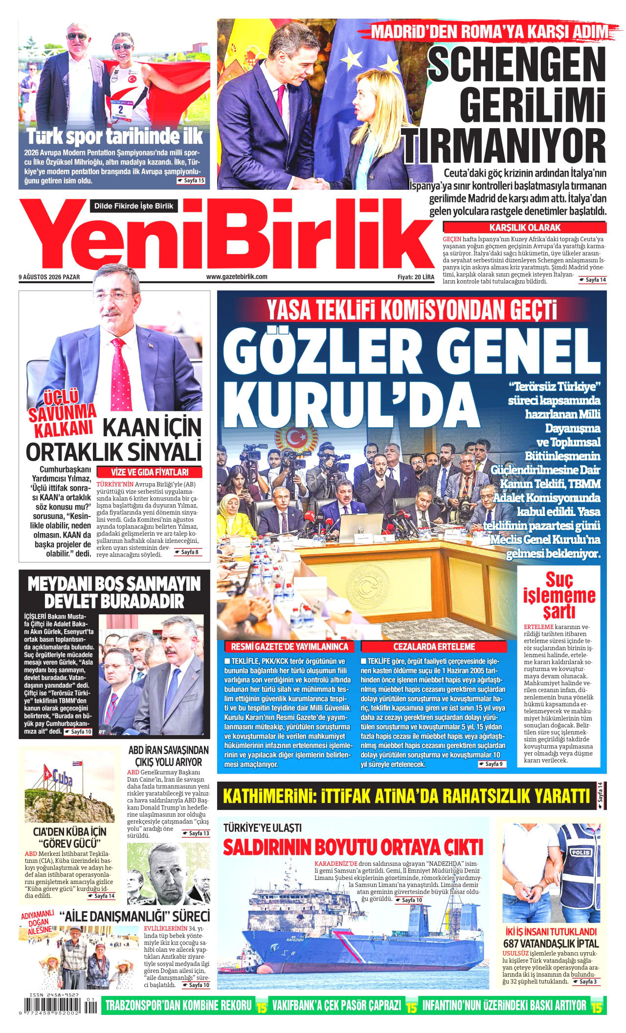 YeniBirlik Gazetesi Manşeti - 9 Ağustos 2026 Birinci Sayfa
