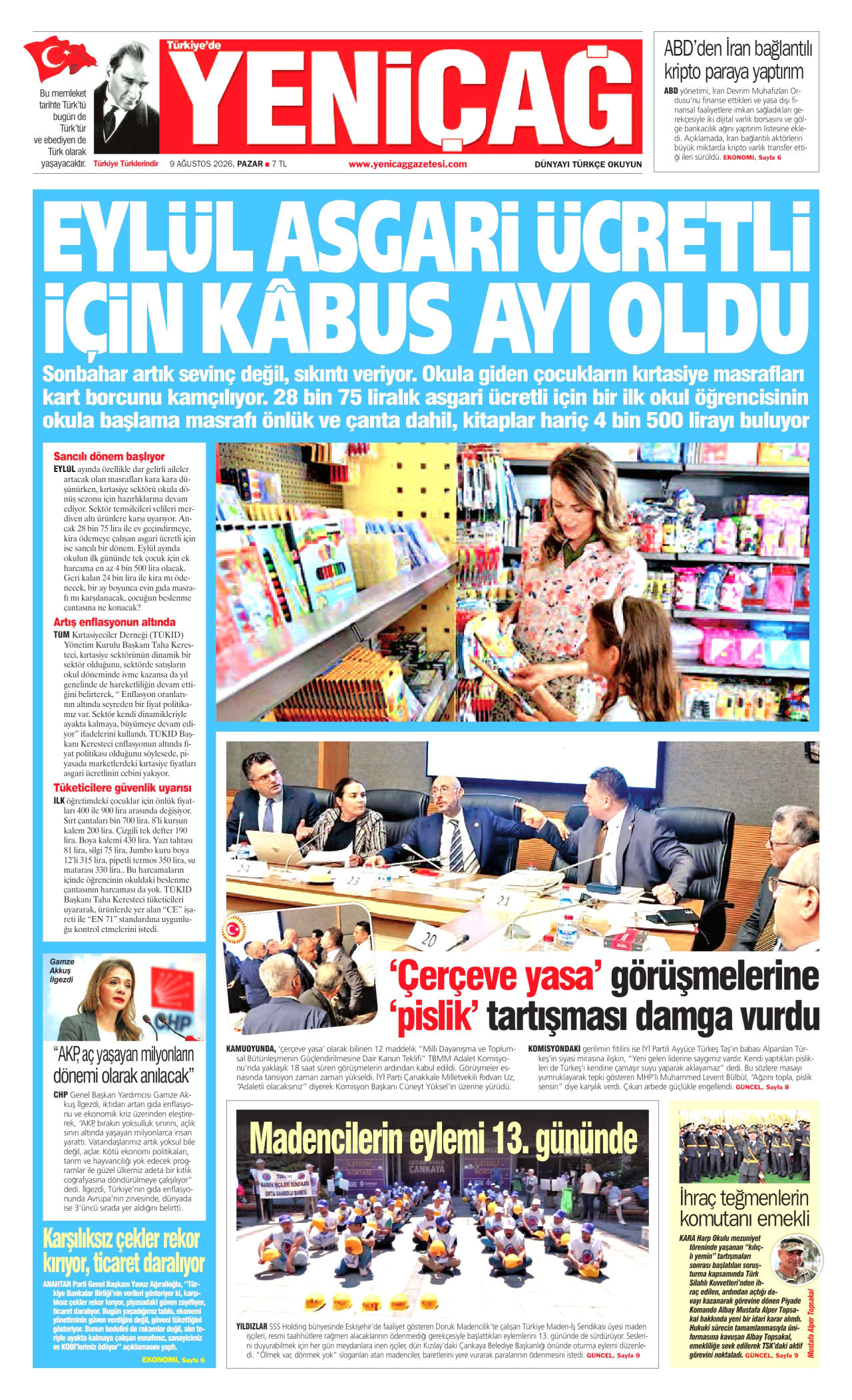 Yeniçağ Gazetesi Manşeti - 9 Ağustos 2026 Birinci Sayfa