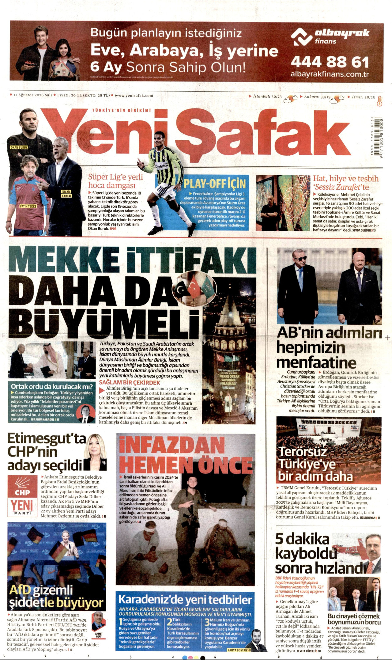 Yeni Şafak Gazetesi Manşeti - 11.08.2026