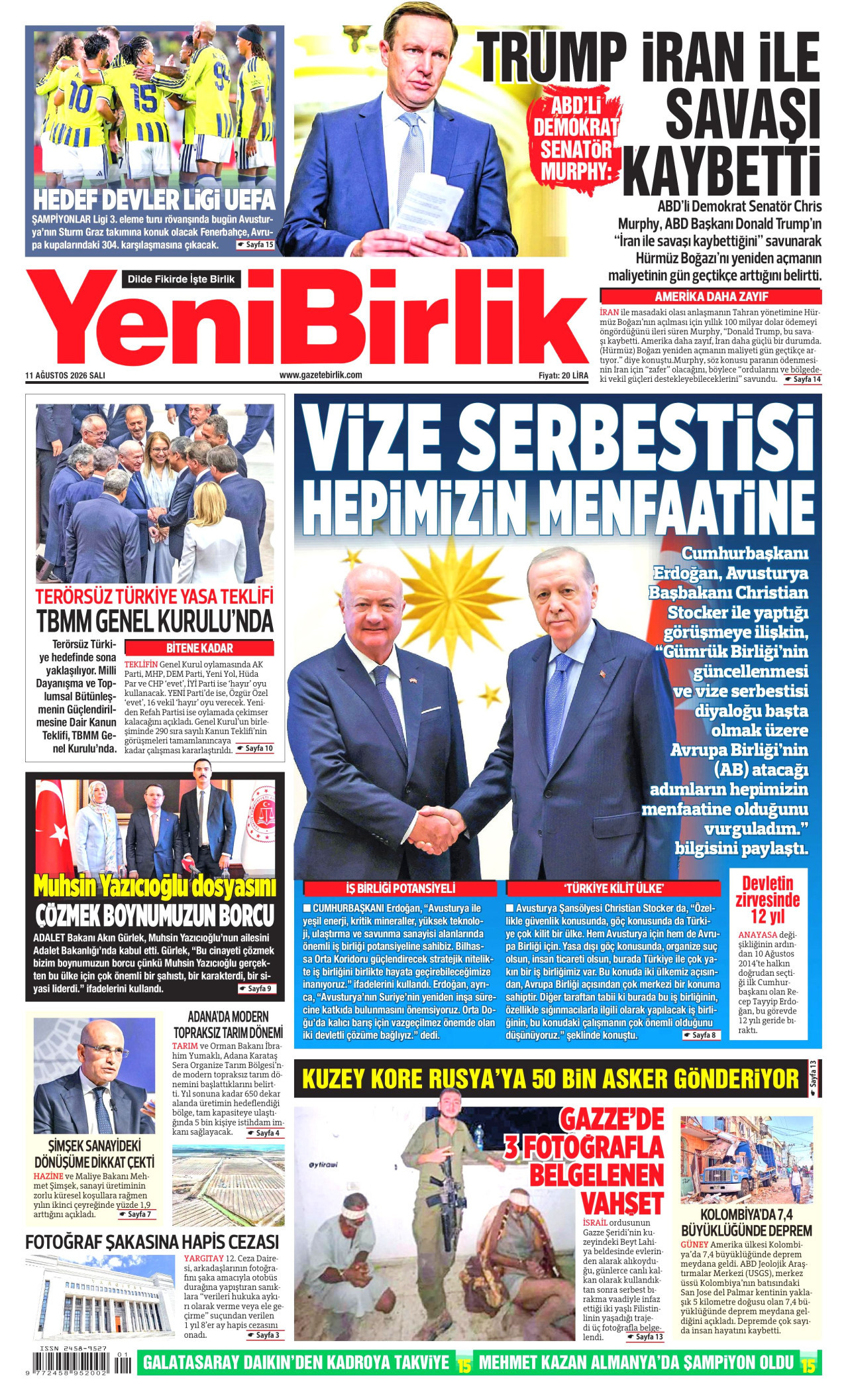 YeniBirlik Gazetesi Manşeti - 11 Ağustos 2026 Birinci Sayfa