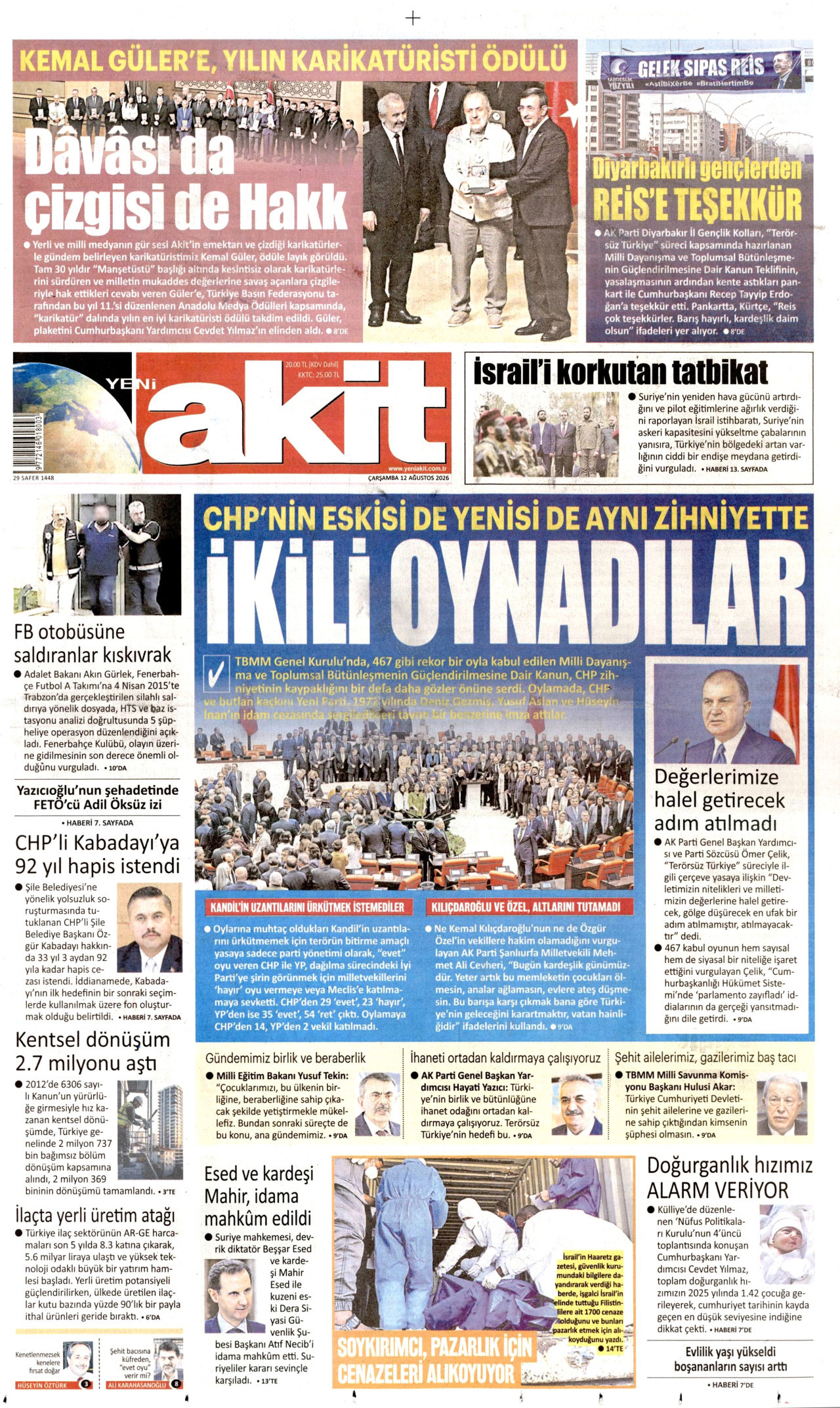 Yeni Akit Gazetesi Manşeti - 12 Ağustos 2026 Birinci Sayfa