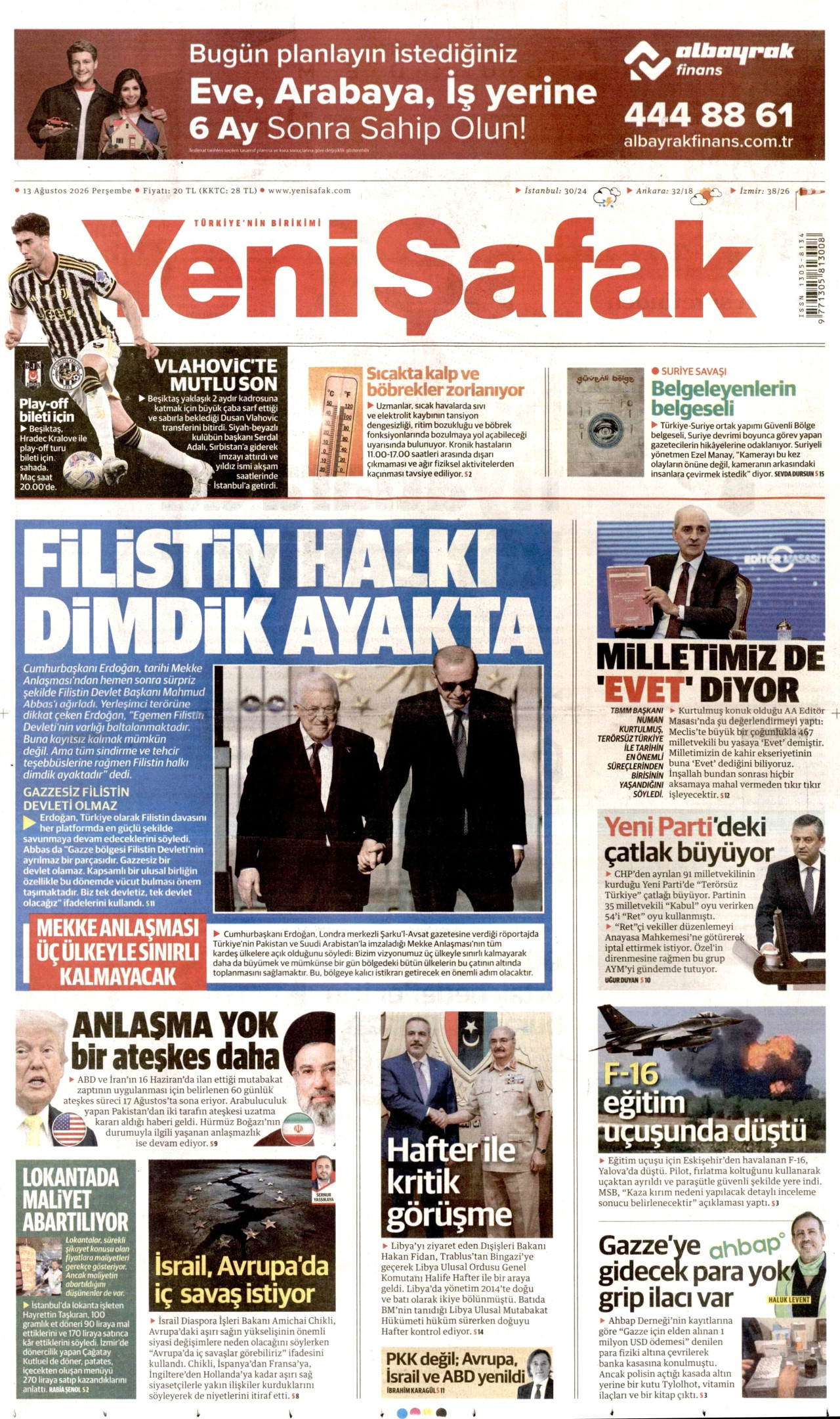 Yeni Şafak Gazetesi Manşeti - 13.08.2026