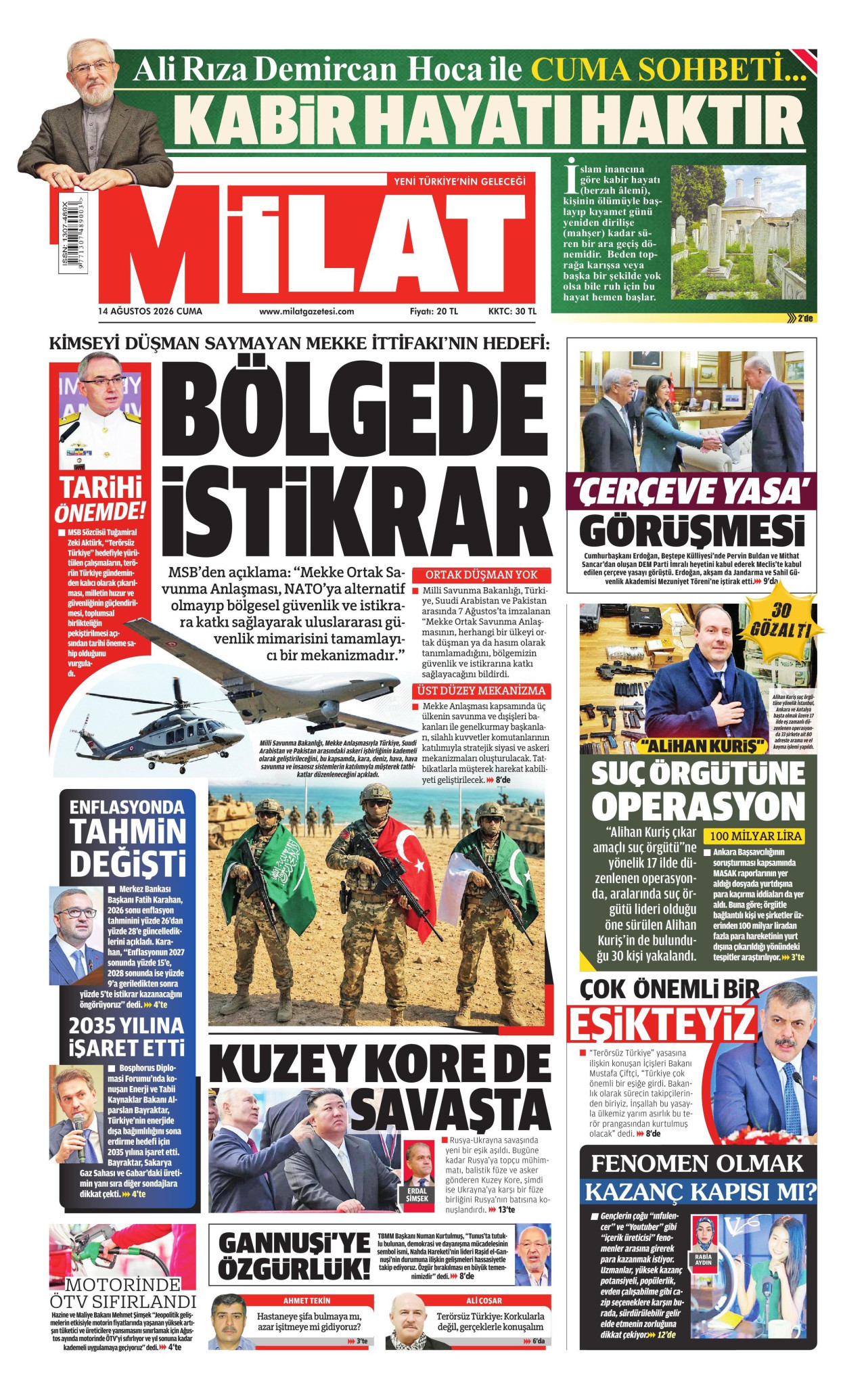 Milat Gazetesi Manşeti - 14 Ağustos 2026 Birinci Sayfa