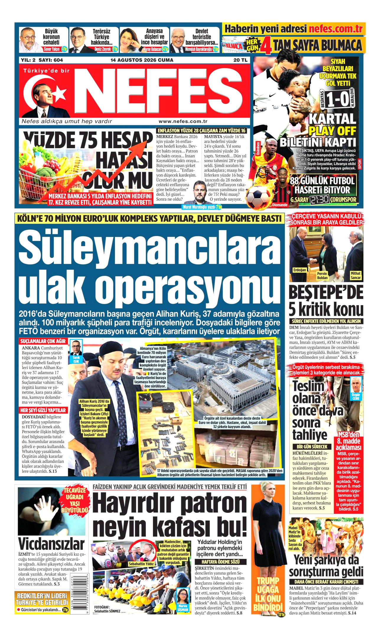 Nefes Gazetesi Manşeti - 14 Ağustos 2026 Birinci Sayfa